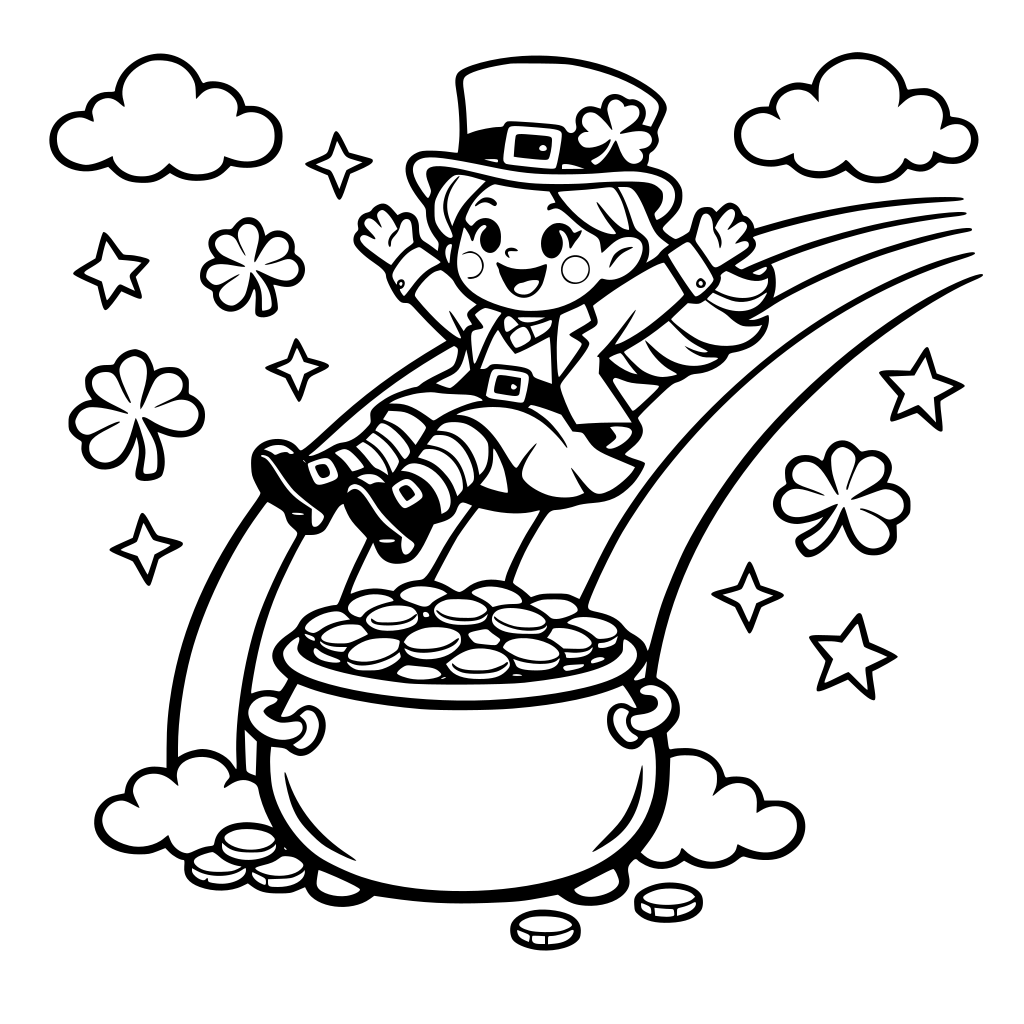 Square coloring book page that is black and white with a cute friendly leprechaun. She is sliding down a rainbow to a pot of gold coins. Fill the whole page with great detail. Simple art bold and easy cartoon style.