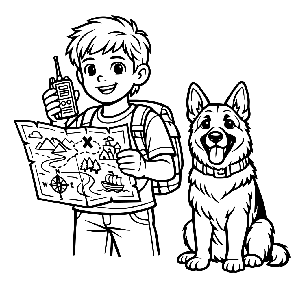 Boy 11 years old older brother has a walkie talkie and a magic map Dog named optic (German shepherd)