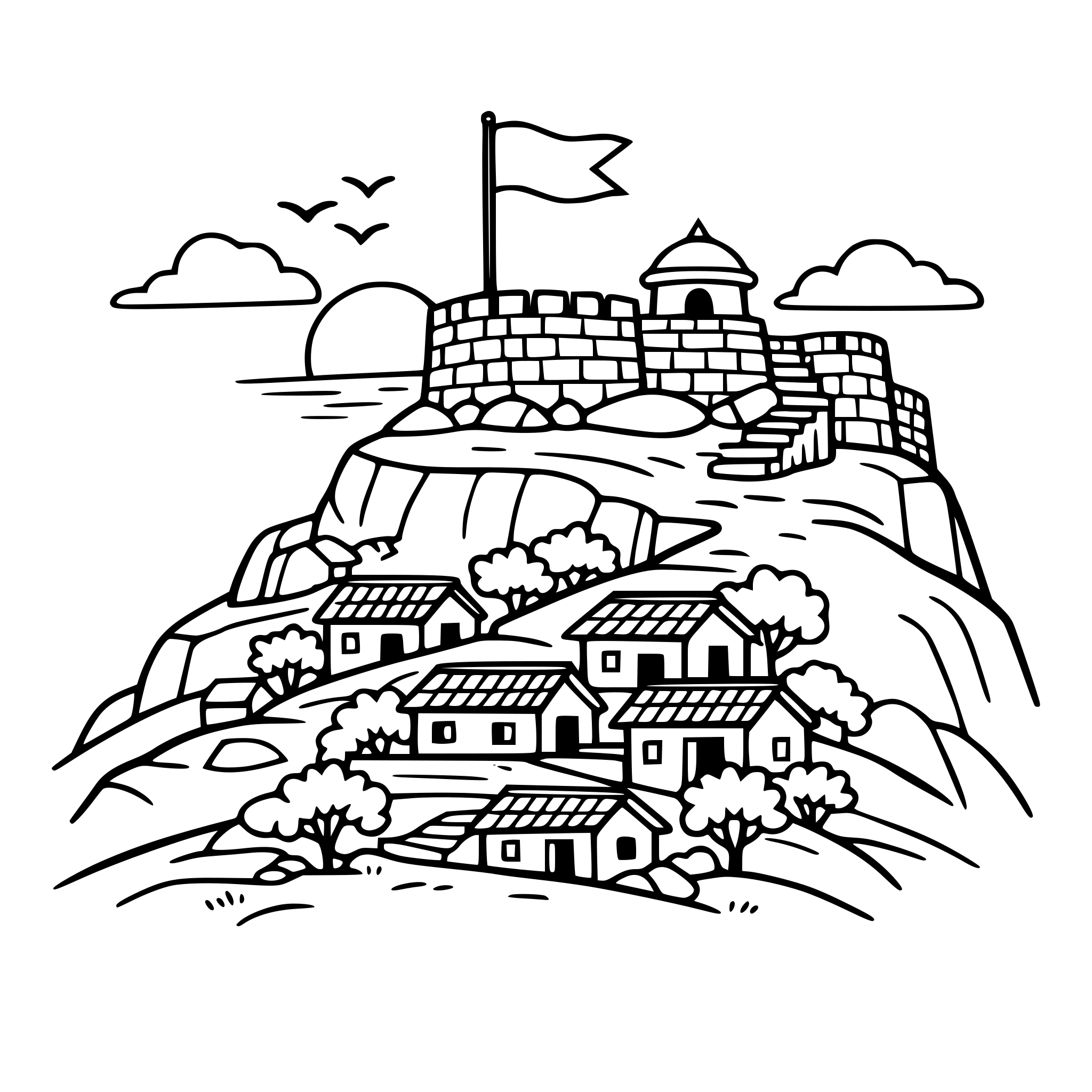 Cute cozy simple Maharashtra Fort on hill scene with stone fort wall, flag, hillside houses, and sunset.
