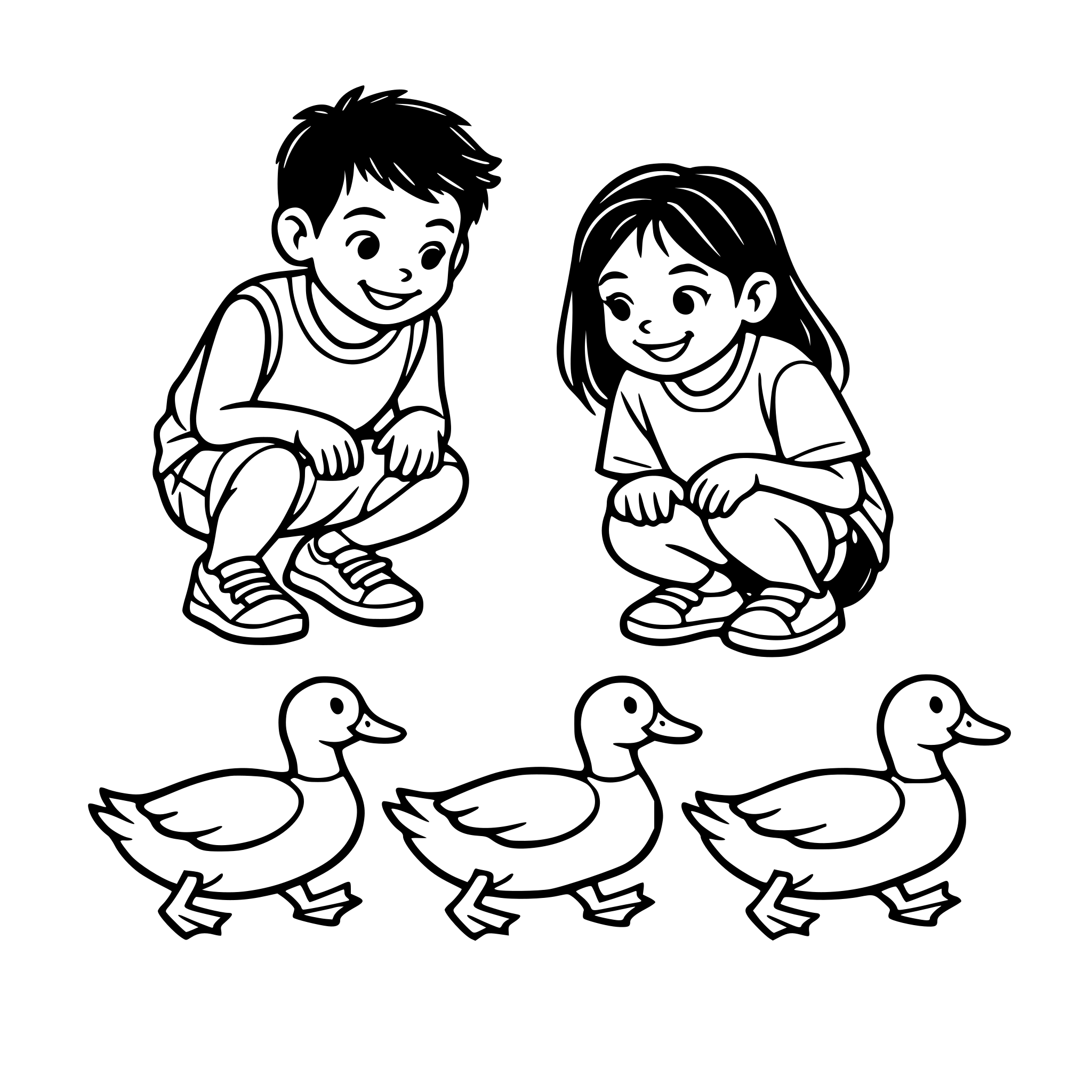 One realistic young hispanic boy and a young hispanic girl looking watching three ducks waddle by. The boy is wearing long shorts and a short sleeveless shirt with sneakers. The girl is wearing shorts and loose tee shirt. White background, isolated.