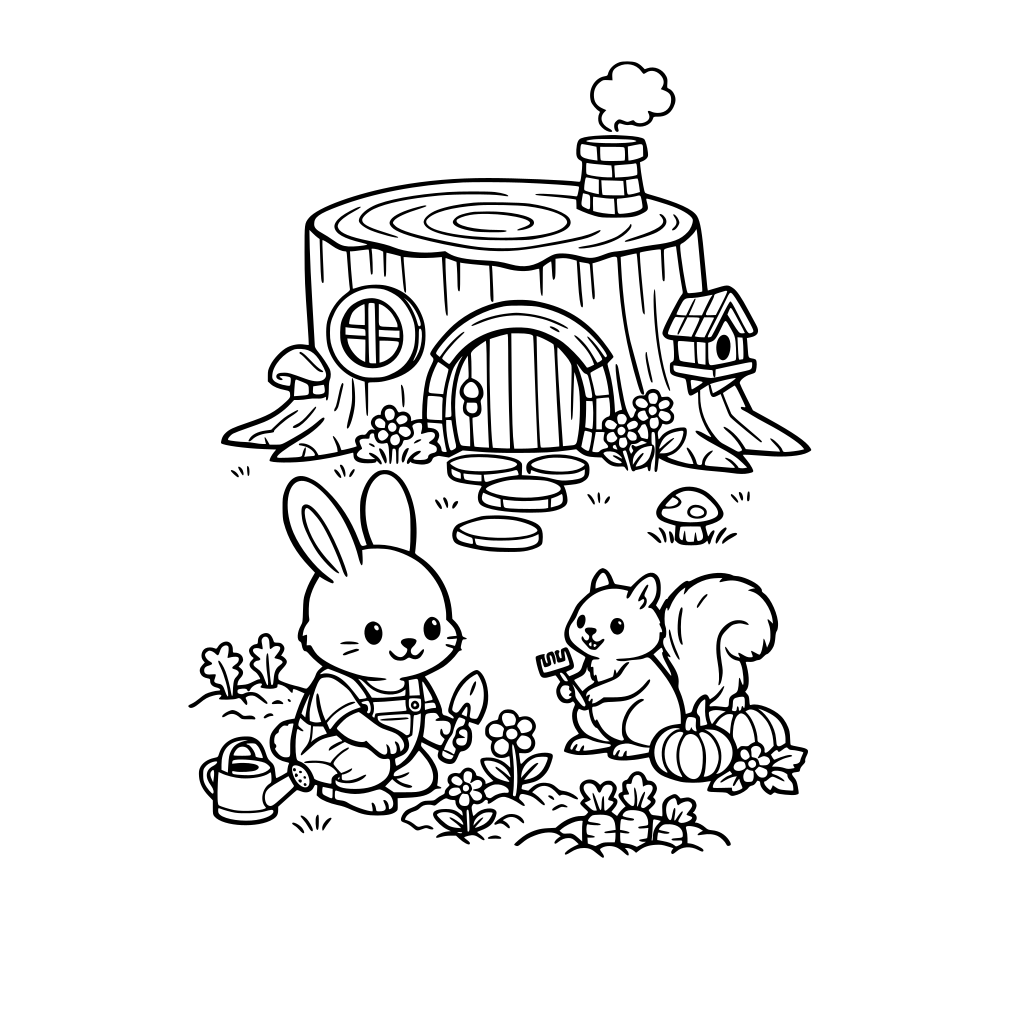 a bunny gardening outside with his squirrel, his bunny hobbit home inside a tree stomp