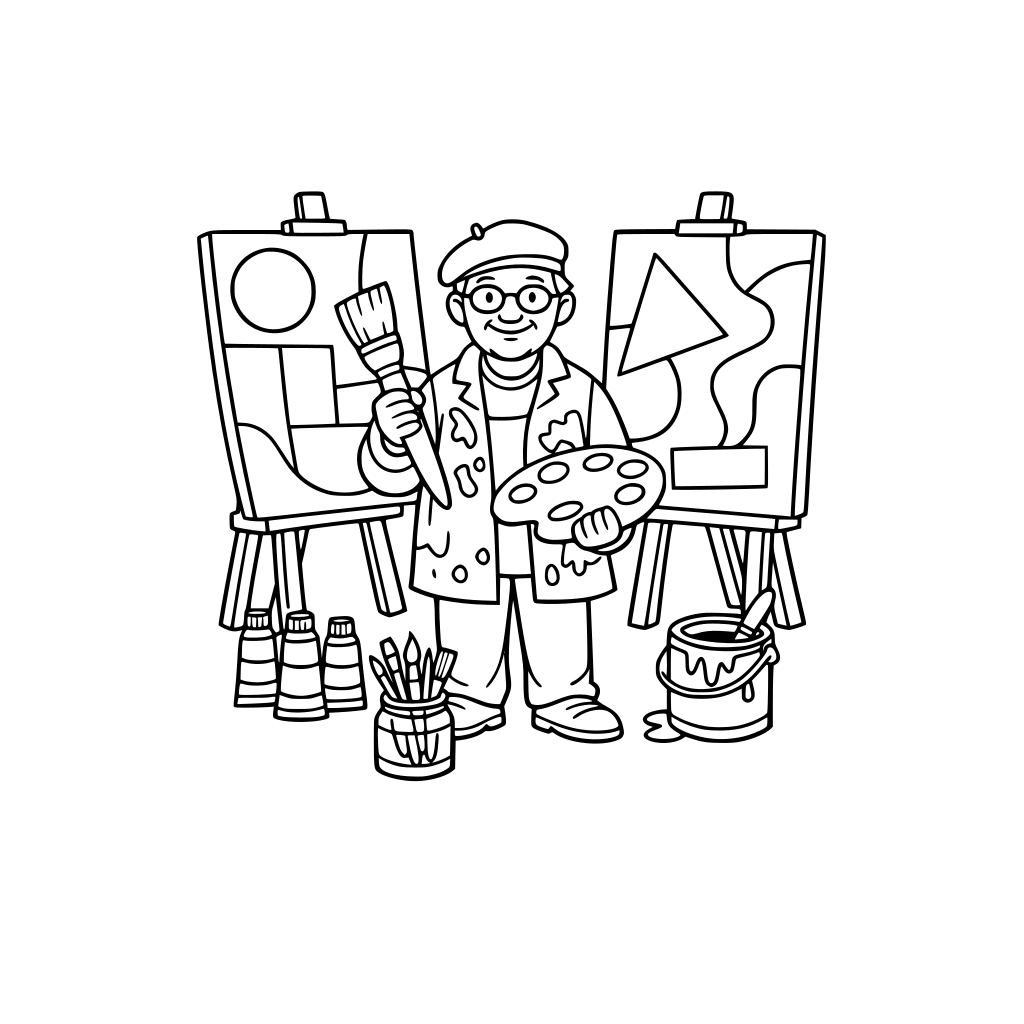 Een kleurplaat van een kunstenaar met grote oppervlaktes