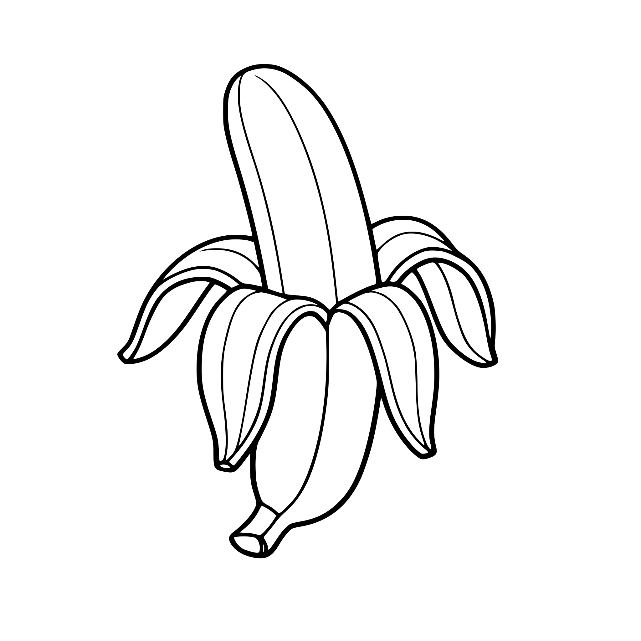 Create an image of a banana half way peeled. White background, isolated.
