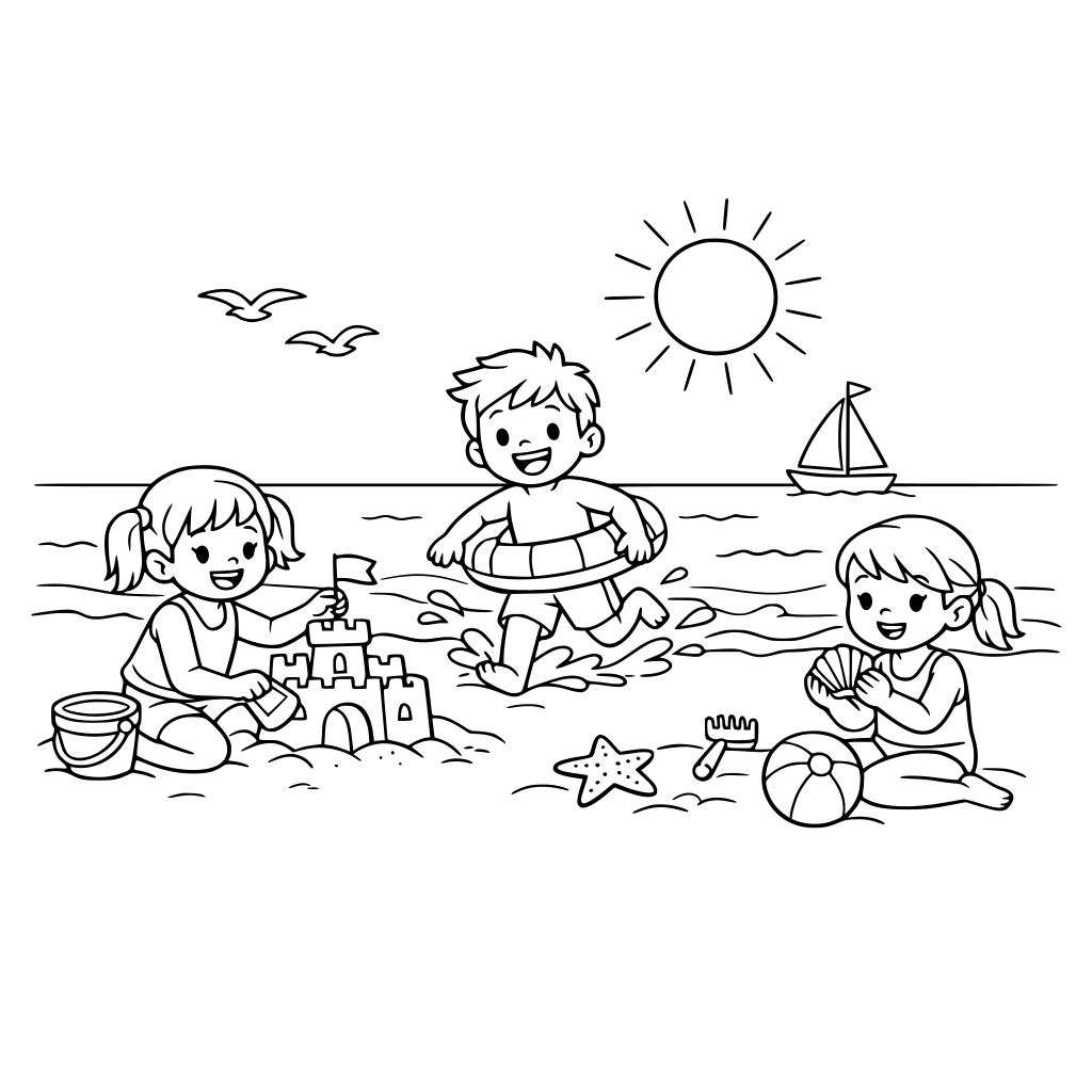 Strand, kinderen, spelen zand zee zon