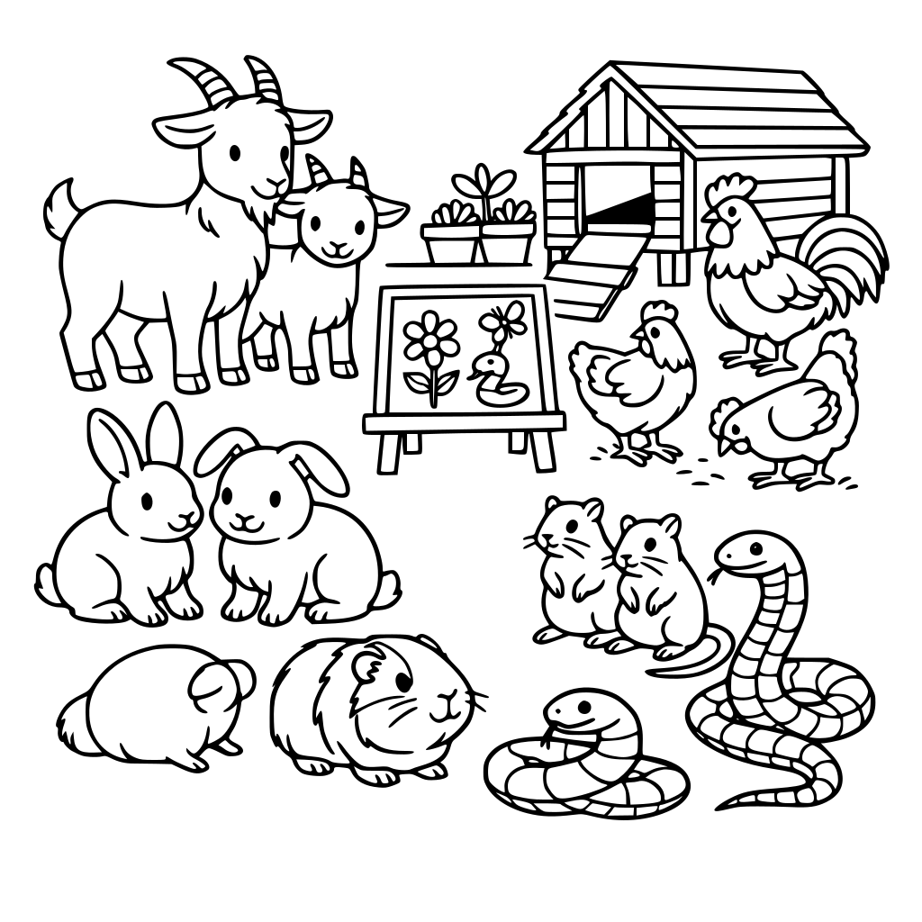 Un jardin pédagogique avec animaux : chèvres, lapins, coq, poules, cochon d'inde, gerbilles, serpents
