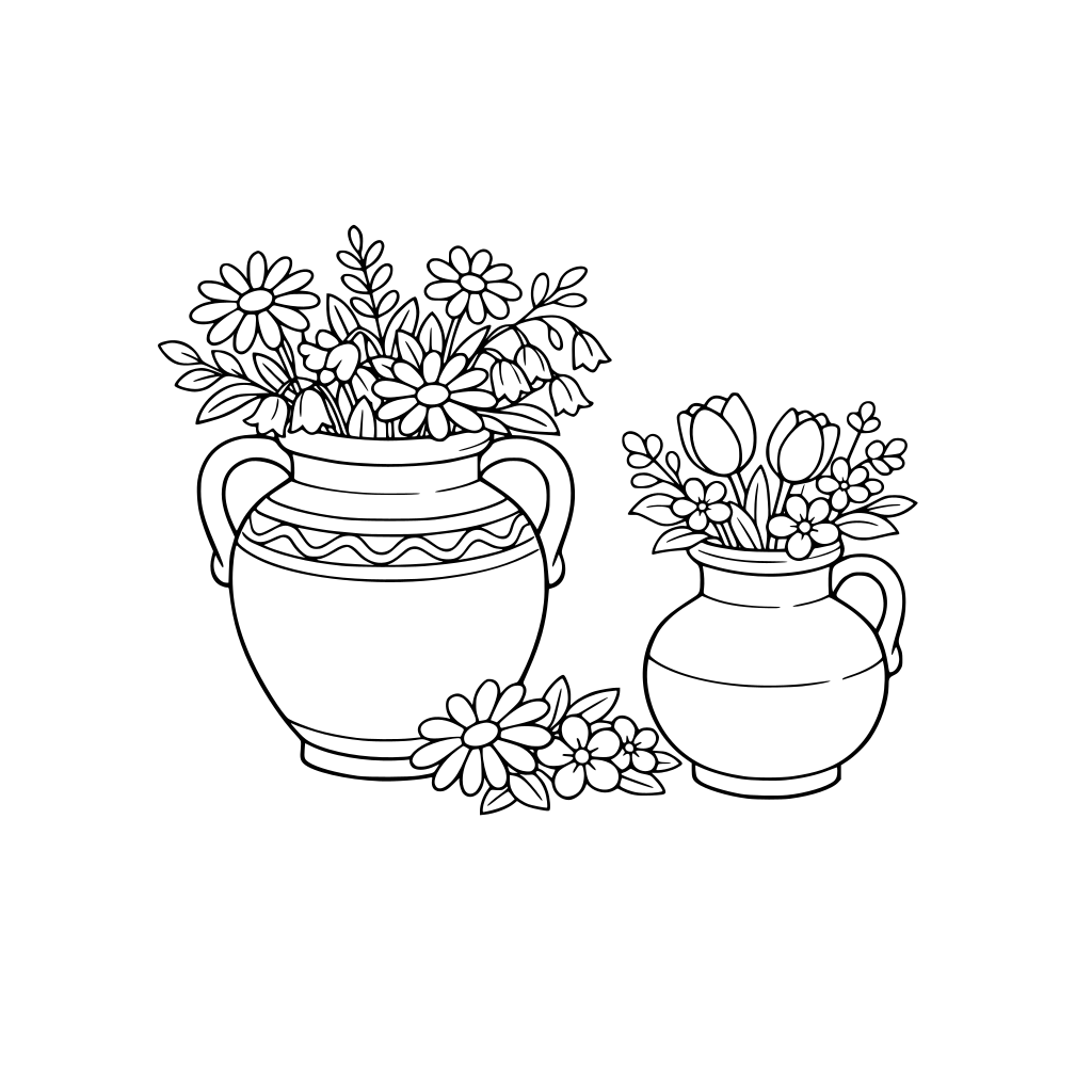 por favor dibuja dos tinajas antiguas con algunas flores