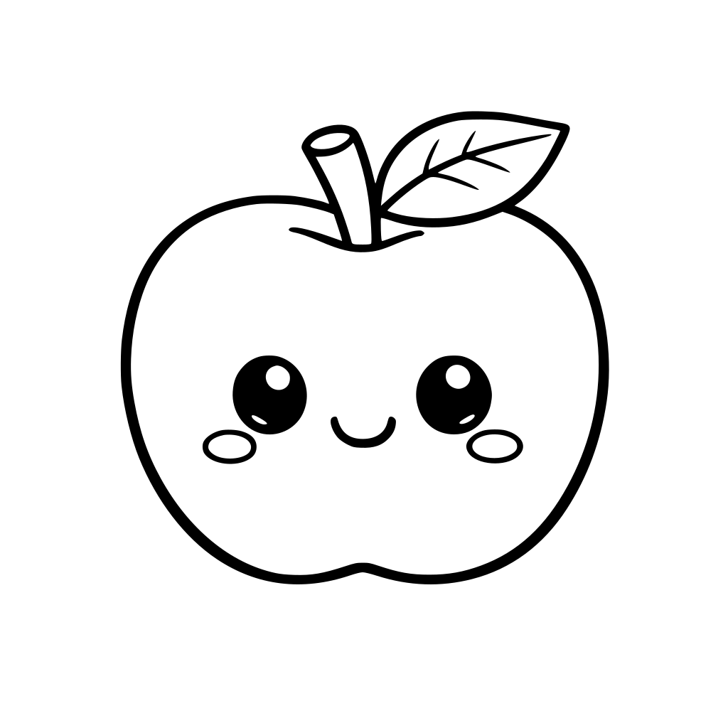 A cute cartoon style apple with front facing view and simple black an white border and white line art . bold clean outline.no shading . design for children colouring book.