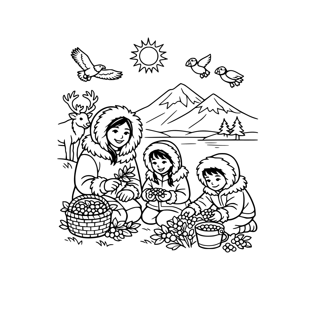 an alaskan scene with a mother and children gathering plants and berries together