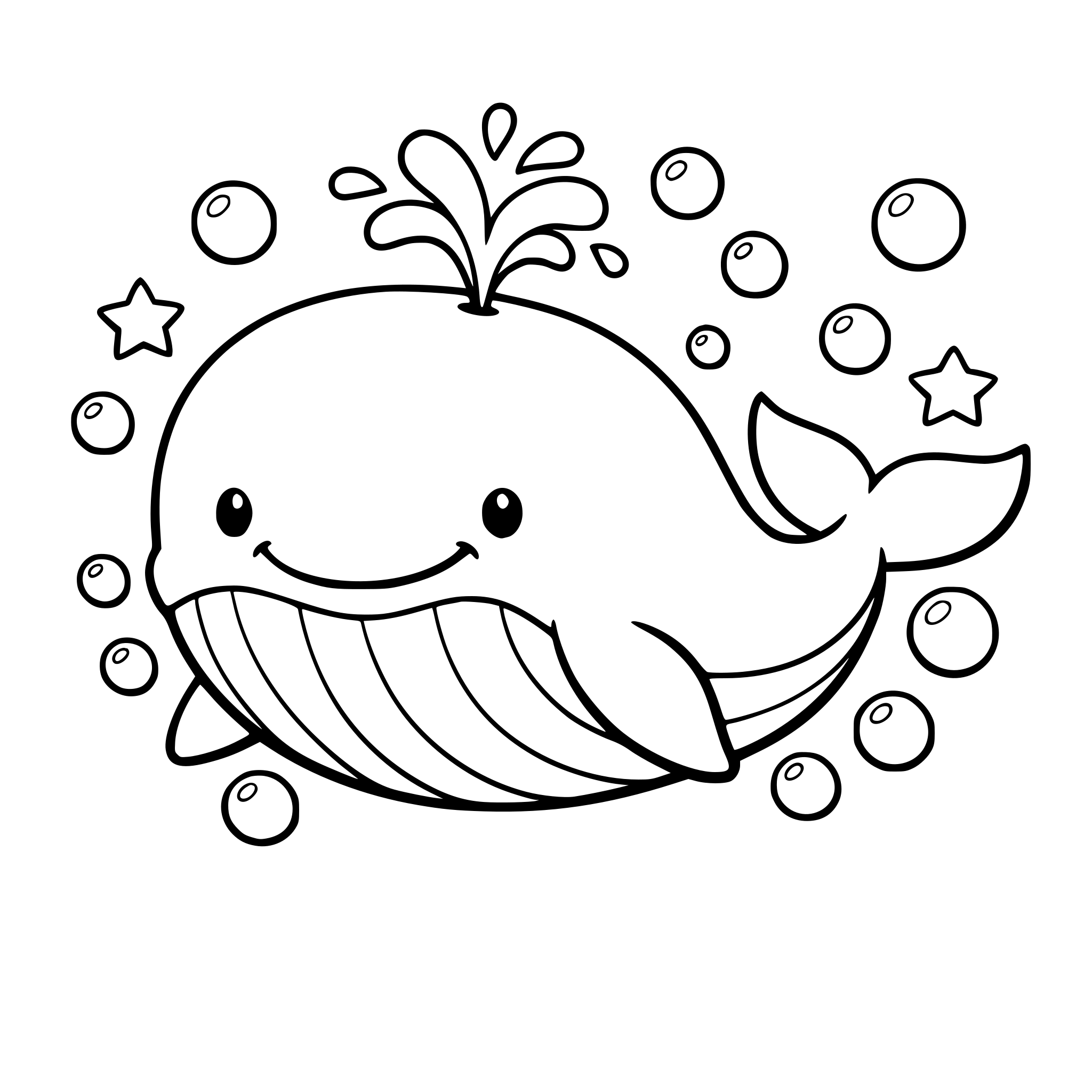 A big friendly whale with a soft smile, surrounded by bubbles
