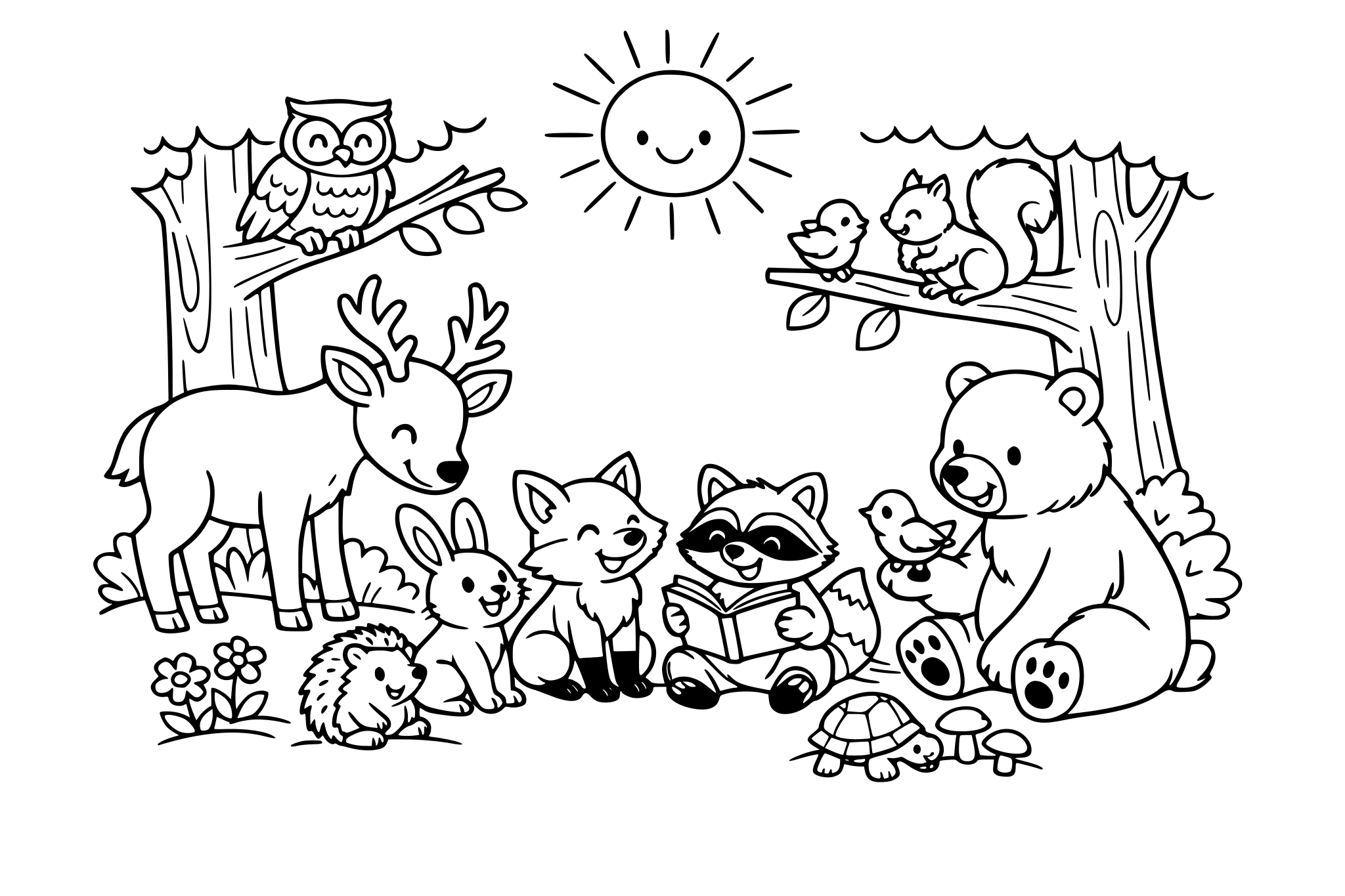 güneşli havada orman içindeki ağaçlar bitkiler ve orman hayvanlarının arkadaşlığı, birbirleriyle iletişimi, beraber hikayeleri