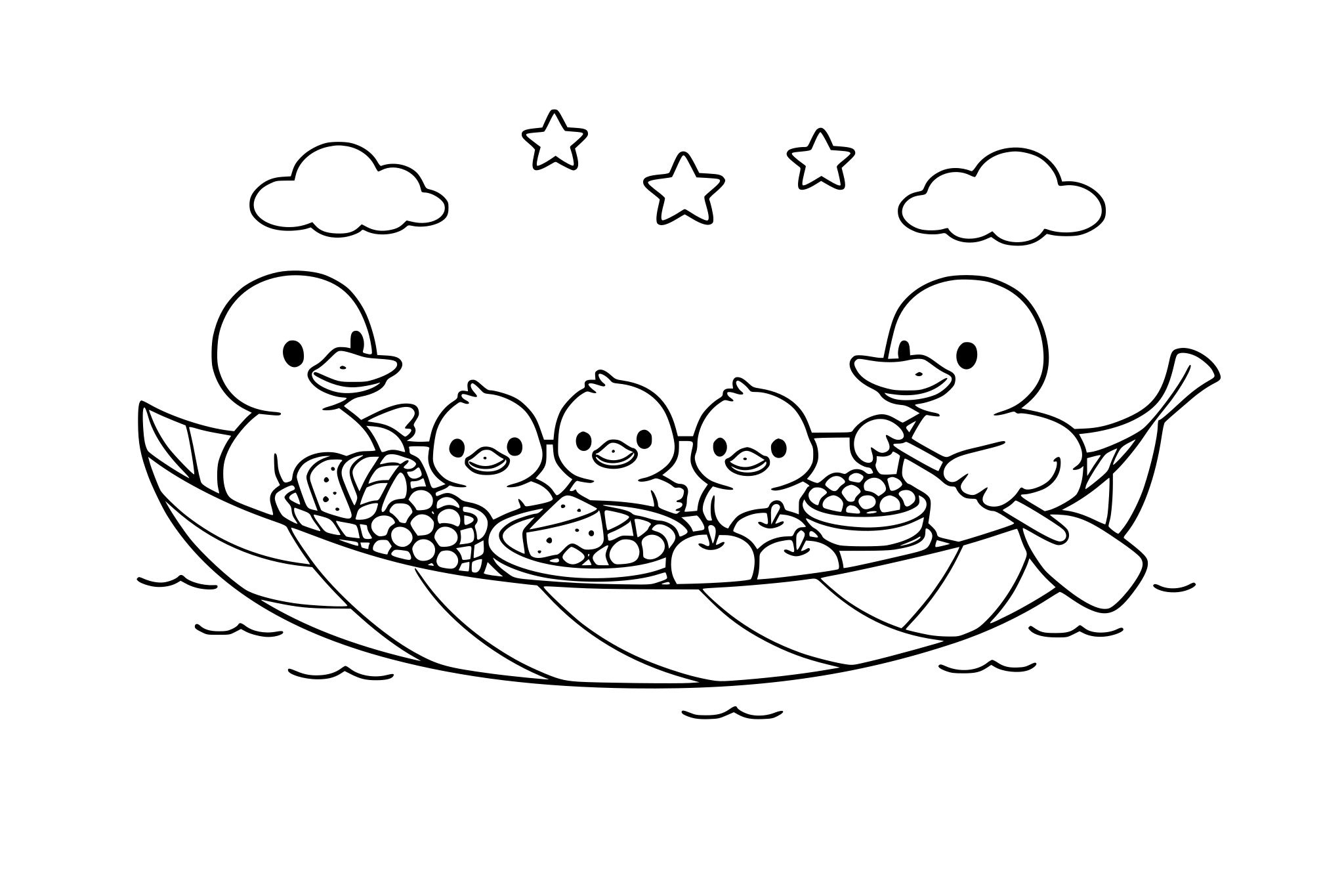 Duck family on a leaf boat with food. Keep rounded shapes + minimal line weight variation.