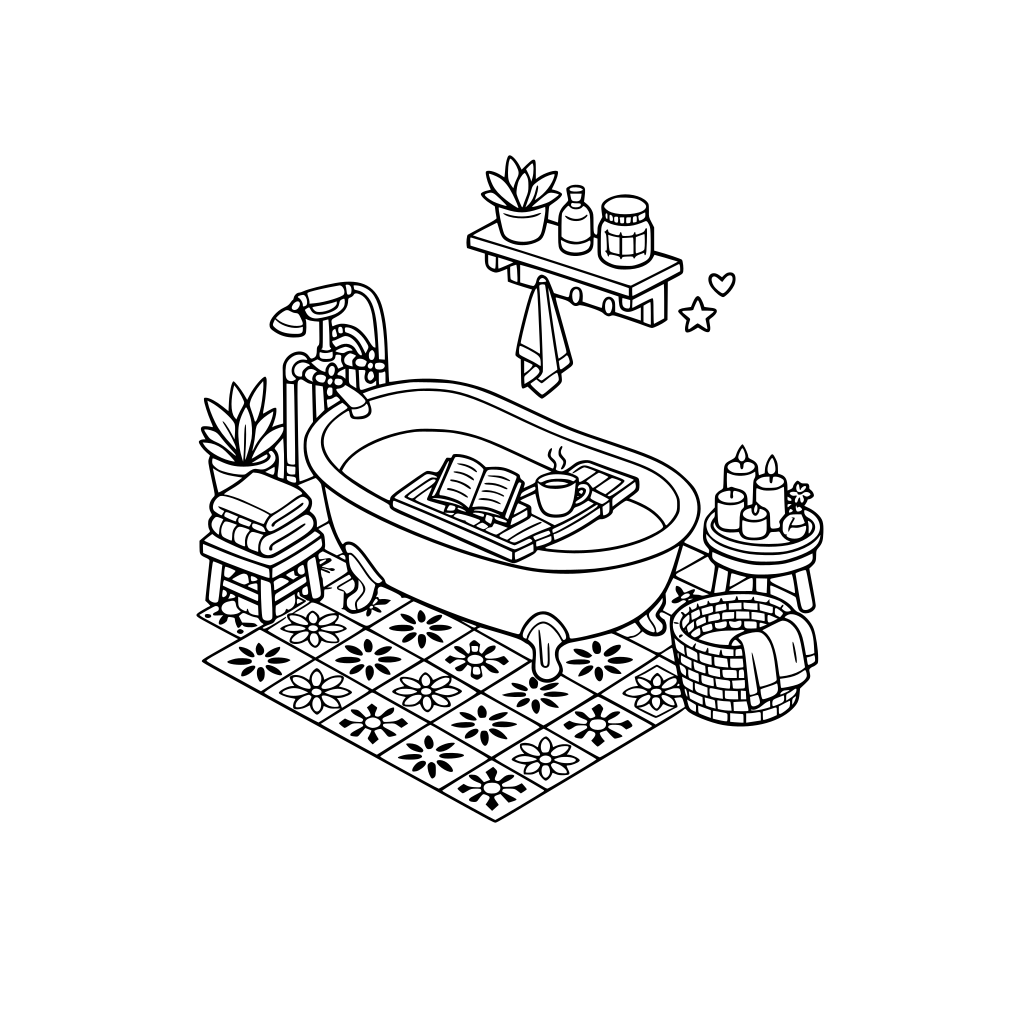 cute and cozy 3D isometric bathroom with freestanding tub, folded towels stacked neatly, candle tray beside tub, bath tray with book and cup, patterned floor tiles. hygge style.