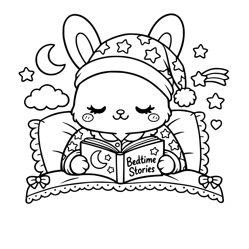 kawaii and cartoon Bunny in pajamas with star patterns, tucked under a blanket with a bedtime story in coquette vibe. set a border to make the picture