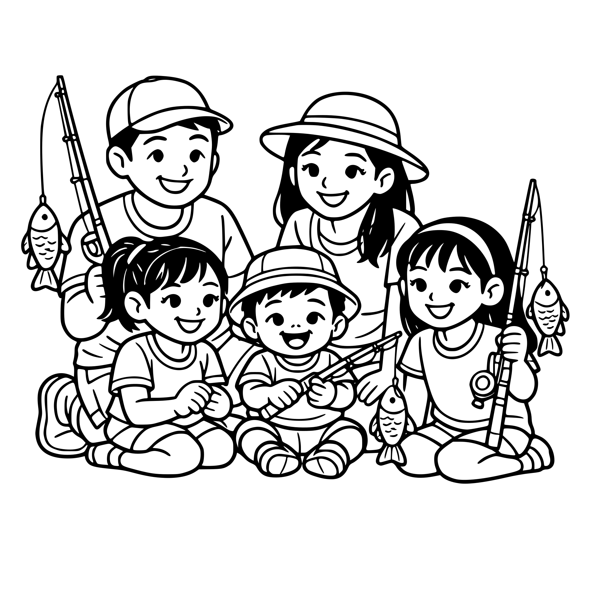 asian baby boy with two older sisters, mom and dad fishing