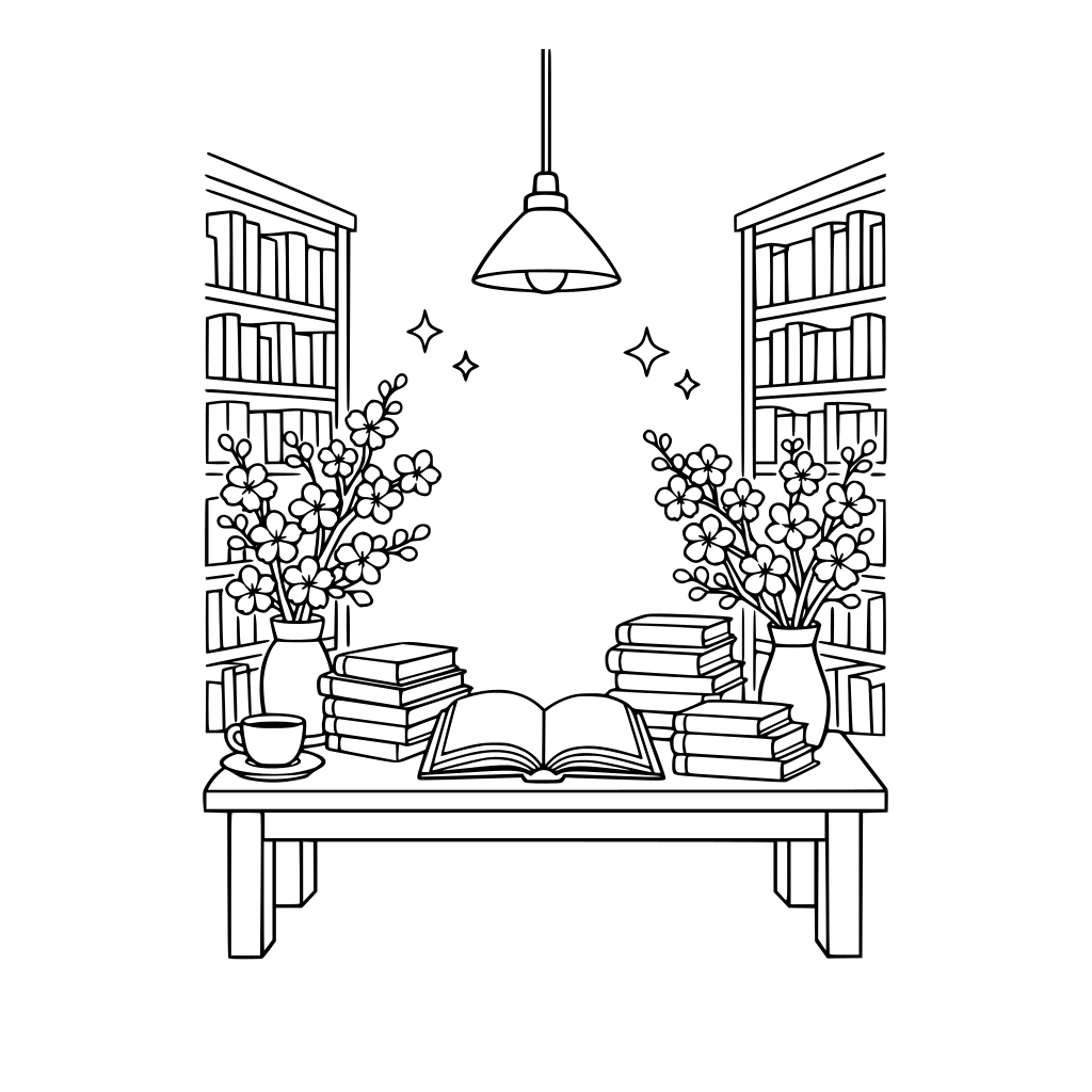 Bookshop with lots of books on the shelves, vases with cherry blossoms