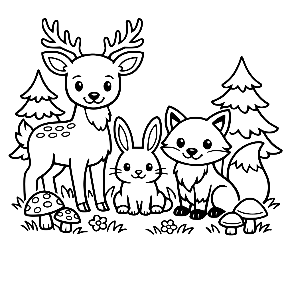 a deer, rabbit, and fox standing together in a forest with mushrooms and trees.