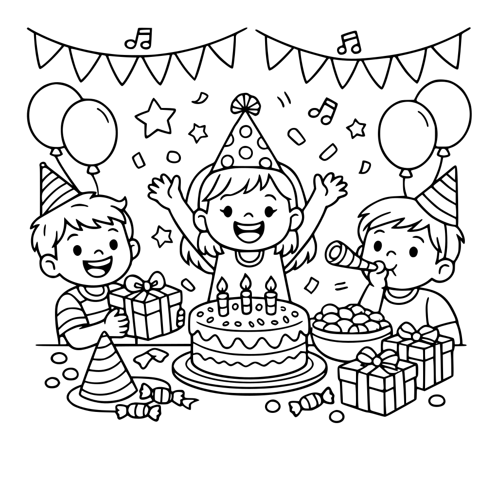 Kids birthday party celebration scene. Black and white outline for coloring page. No grayscale.