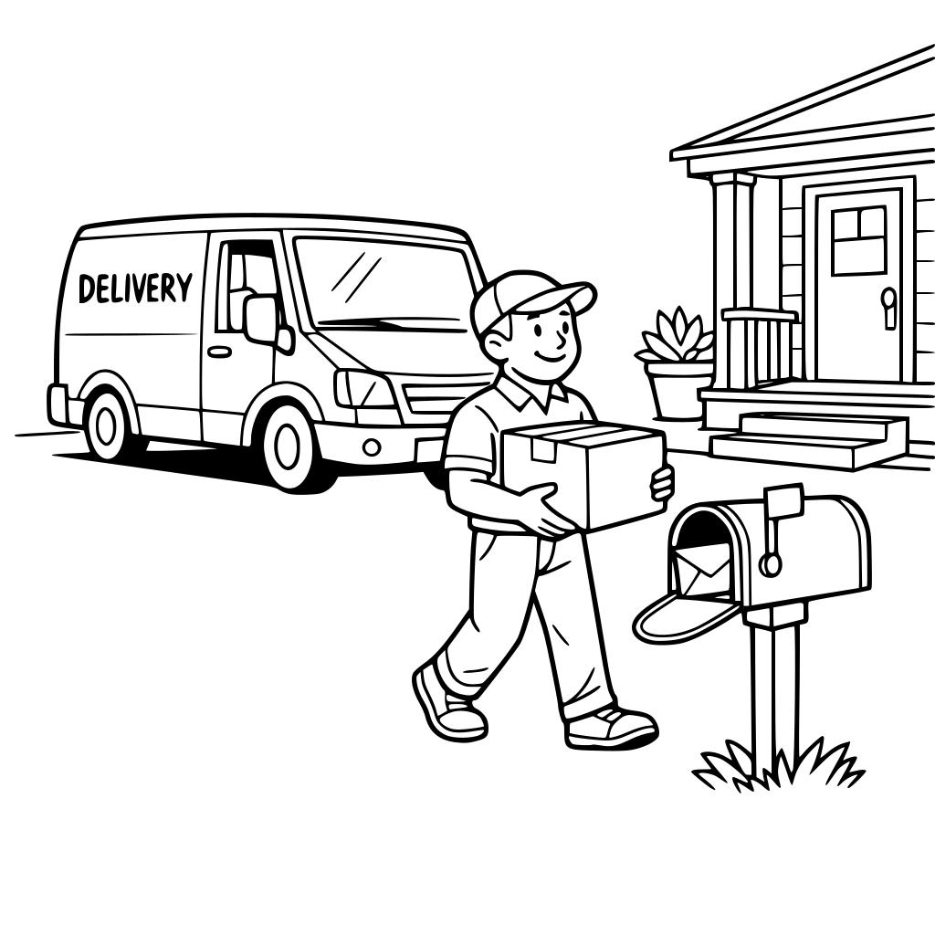 delivery van dropping off a box at a house with a mailbox.