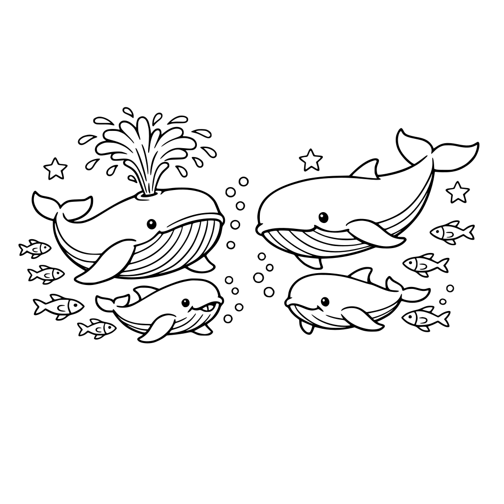 Whales with their offspring in the ocean, swimming among the fish. One whale is spouting water out of its blowhole.