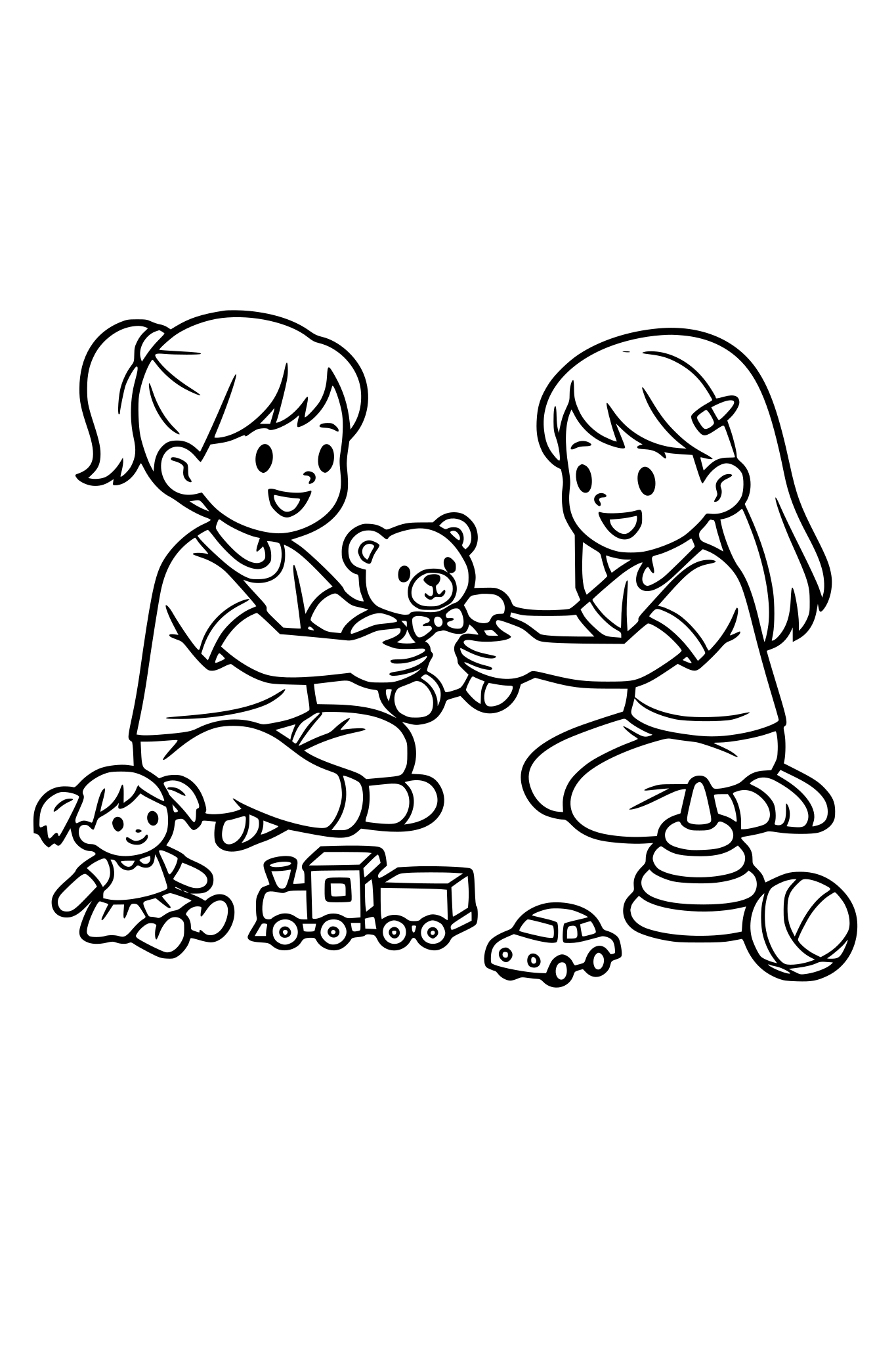 Girl Helping a Friend Two girls sharing toys or helping each other