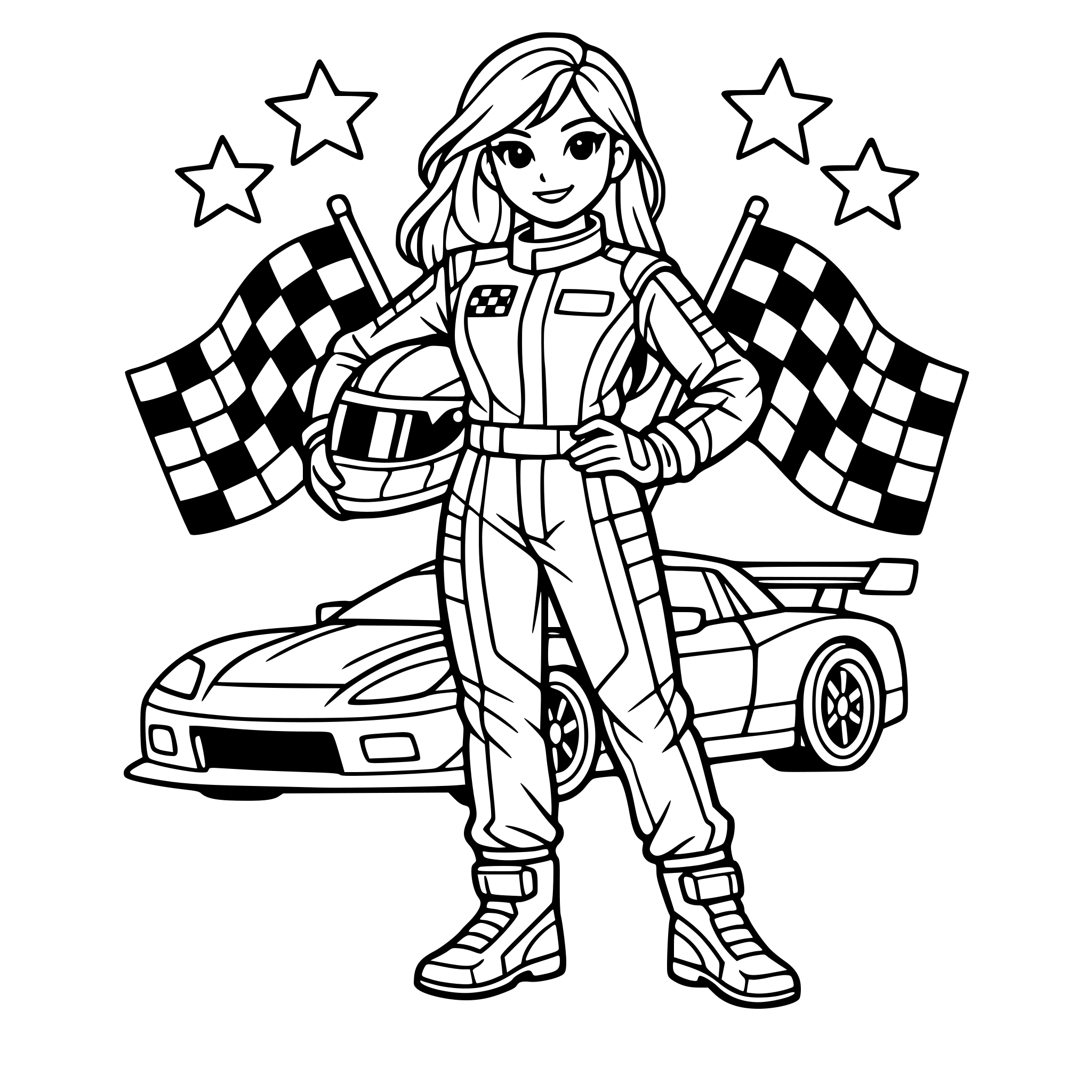 Una chica vestida con un mono de piloto de carreras.