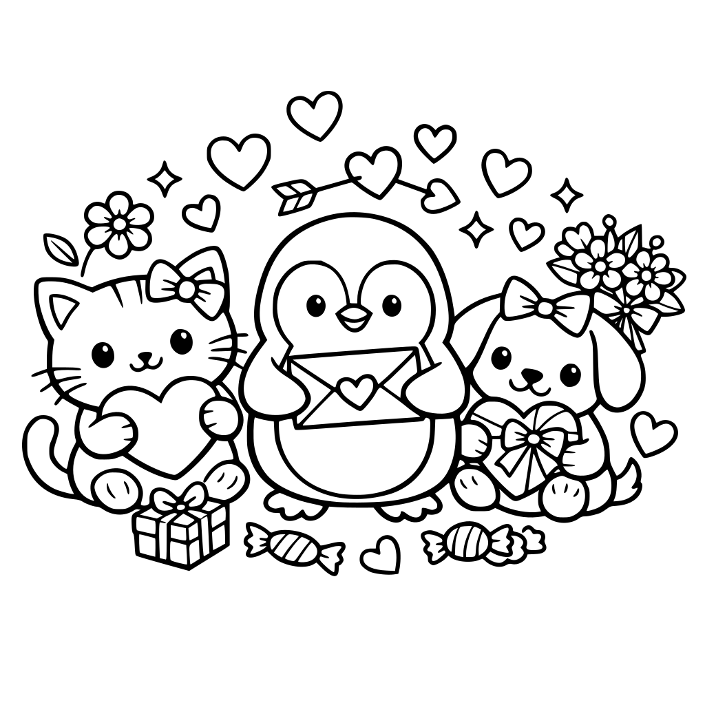 Valentine’s Day funny and cute animal themed minimal with hearts bows flowers in background colour pages for teens