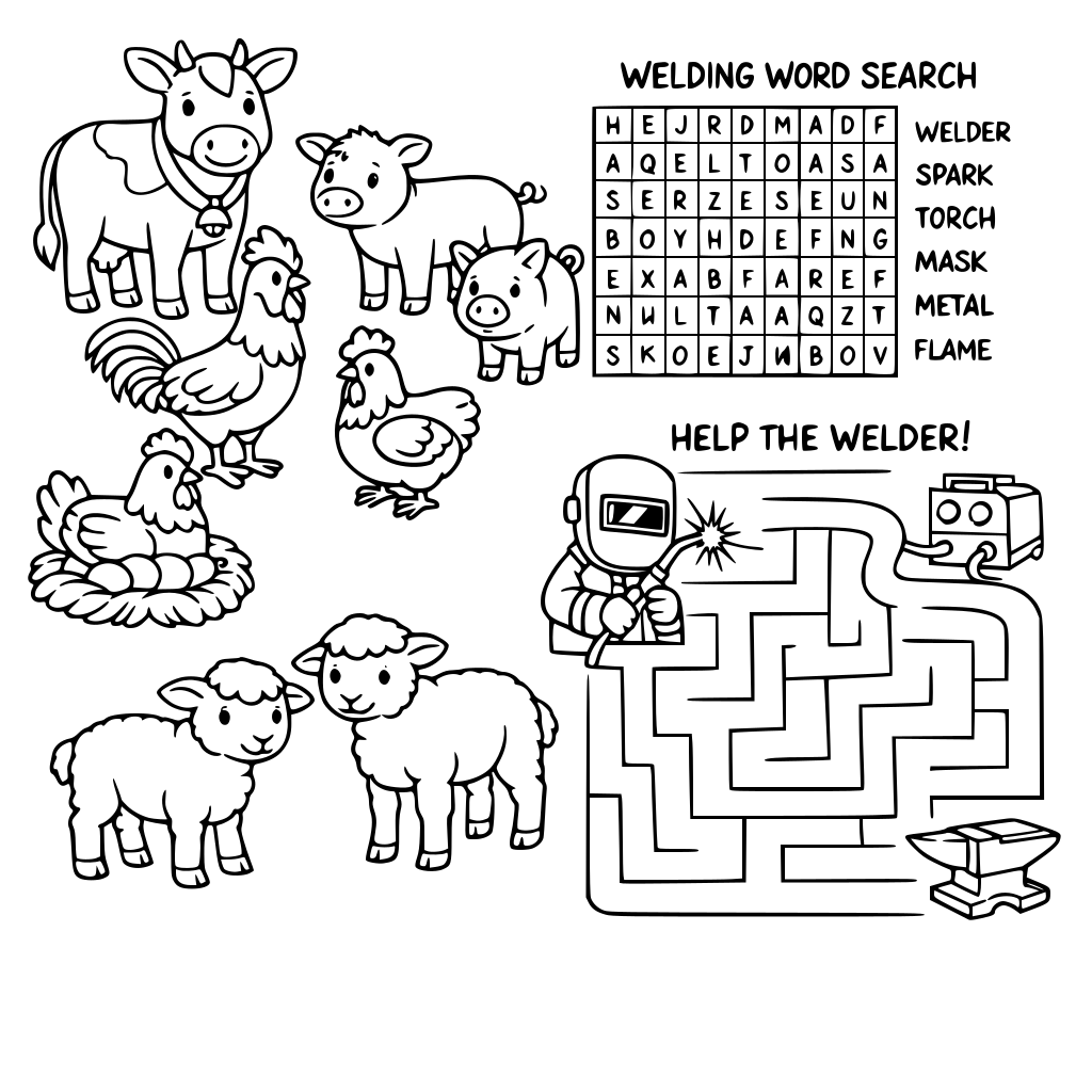 Livestock coloring book with chickens cows pigs lambs goats and welding activities such as word searches and mazes would be great