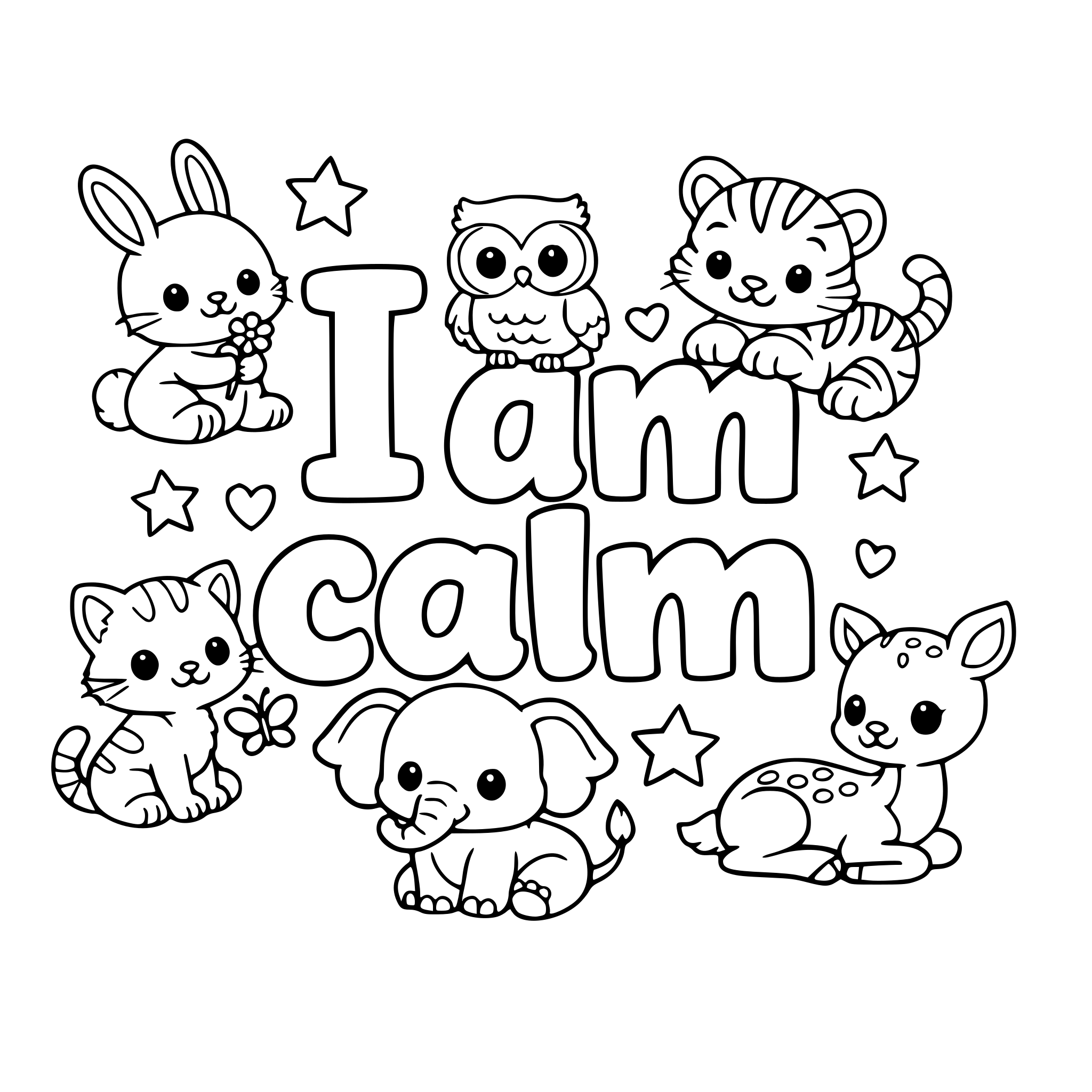 "I am calm" coloring letters with baby animals around the letters.