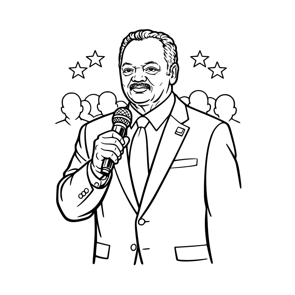 Rev. Jesse Jackson speaking confidently into a microphone, calm determined expression, simple crowd outline in background, mid-body framing.