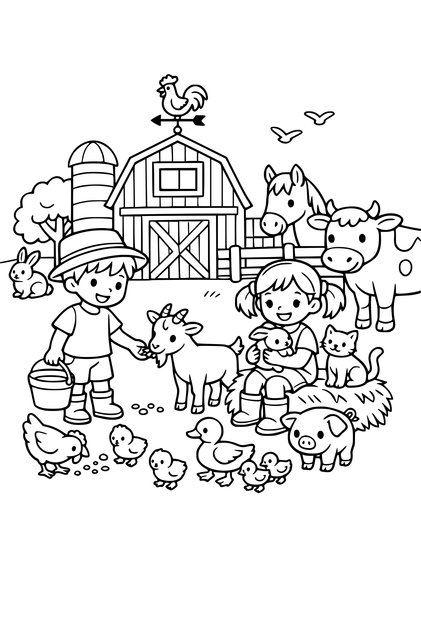 Kids playing at a farm with lots of different animals around