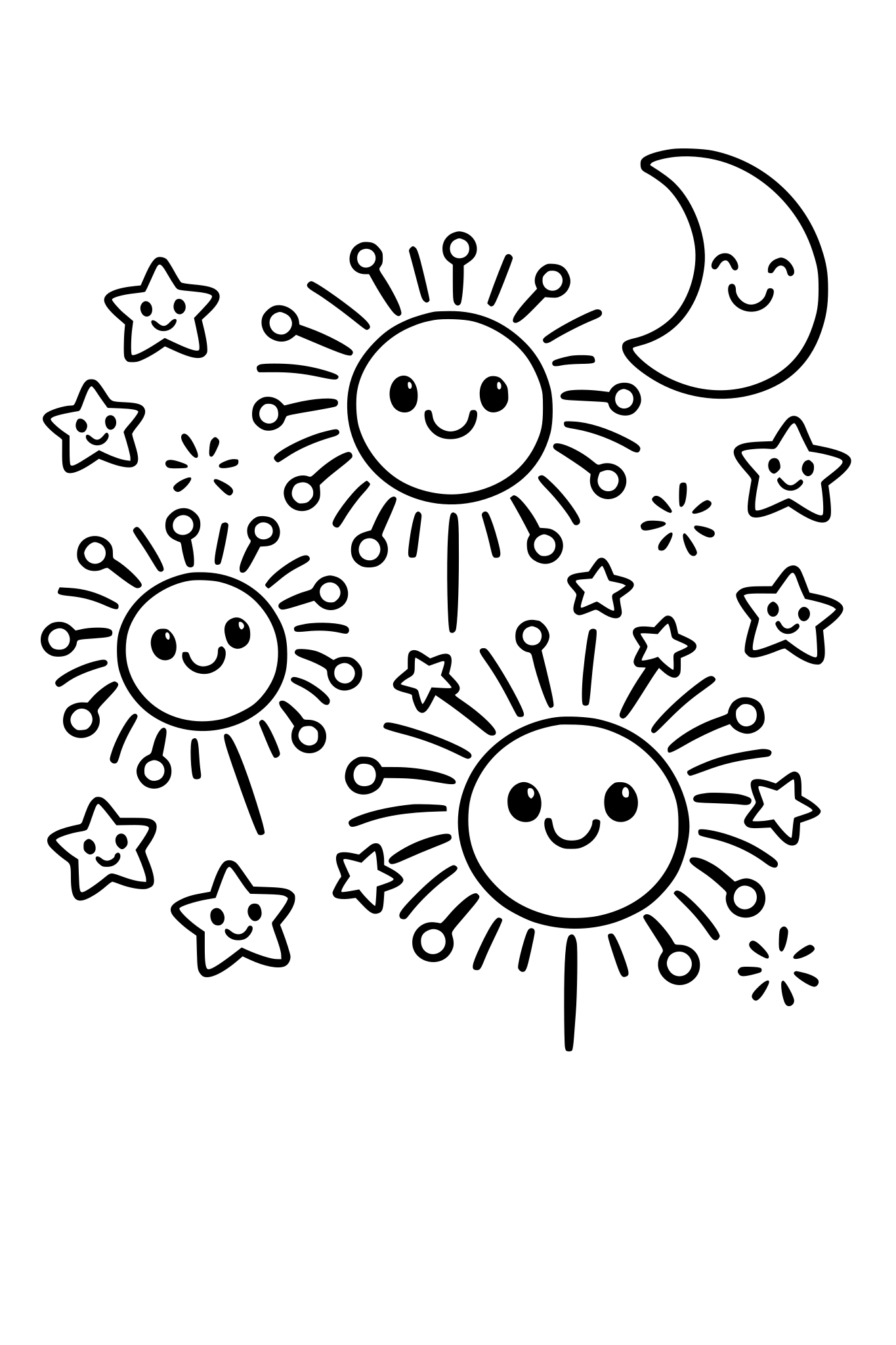 cute kids coloring page, happy fireworks with smiling faces in the sky, stars and a smiling moon, simple shapes, thick outlines, easy coloring, white background