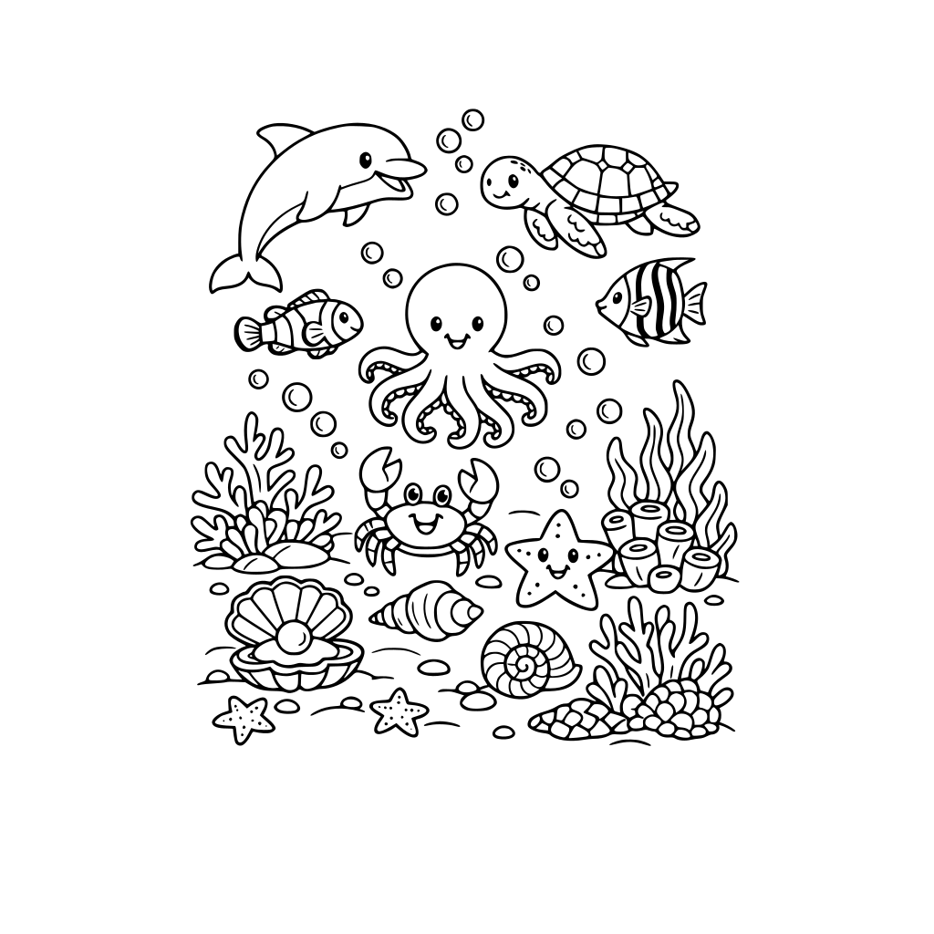 Underwater ocean scene with sea creatures, coral reefs, and seaweed. Include other marine elements like shells or bubbles