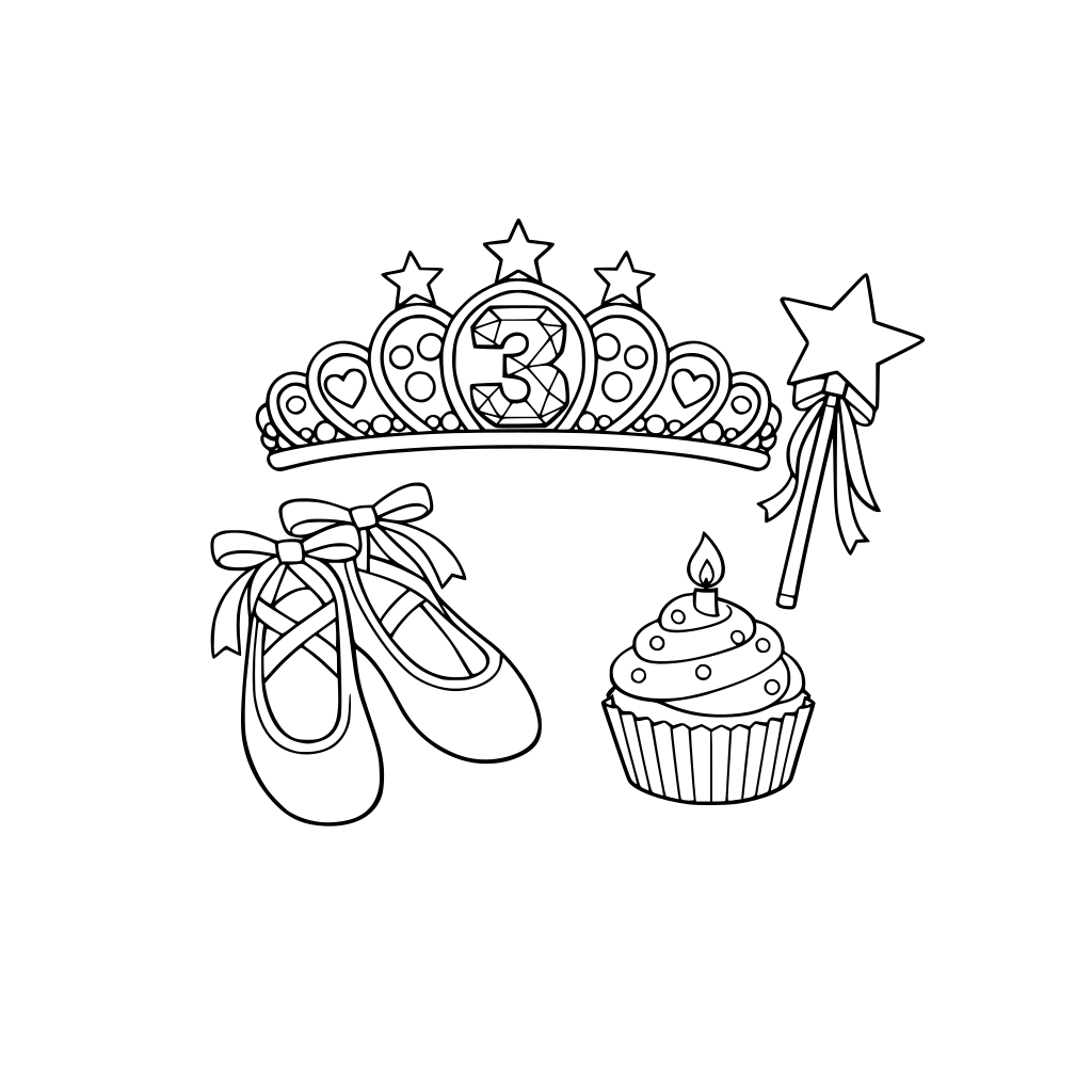 Birthday tiara with a big number 3 jewel, magic wand, ballet slippers, and a cupcake, arranged neatly