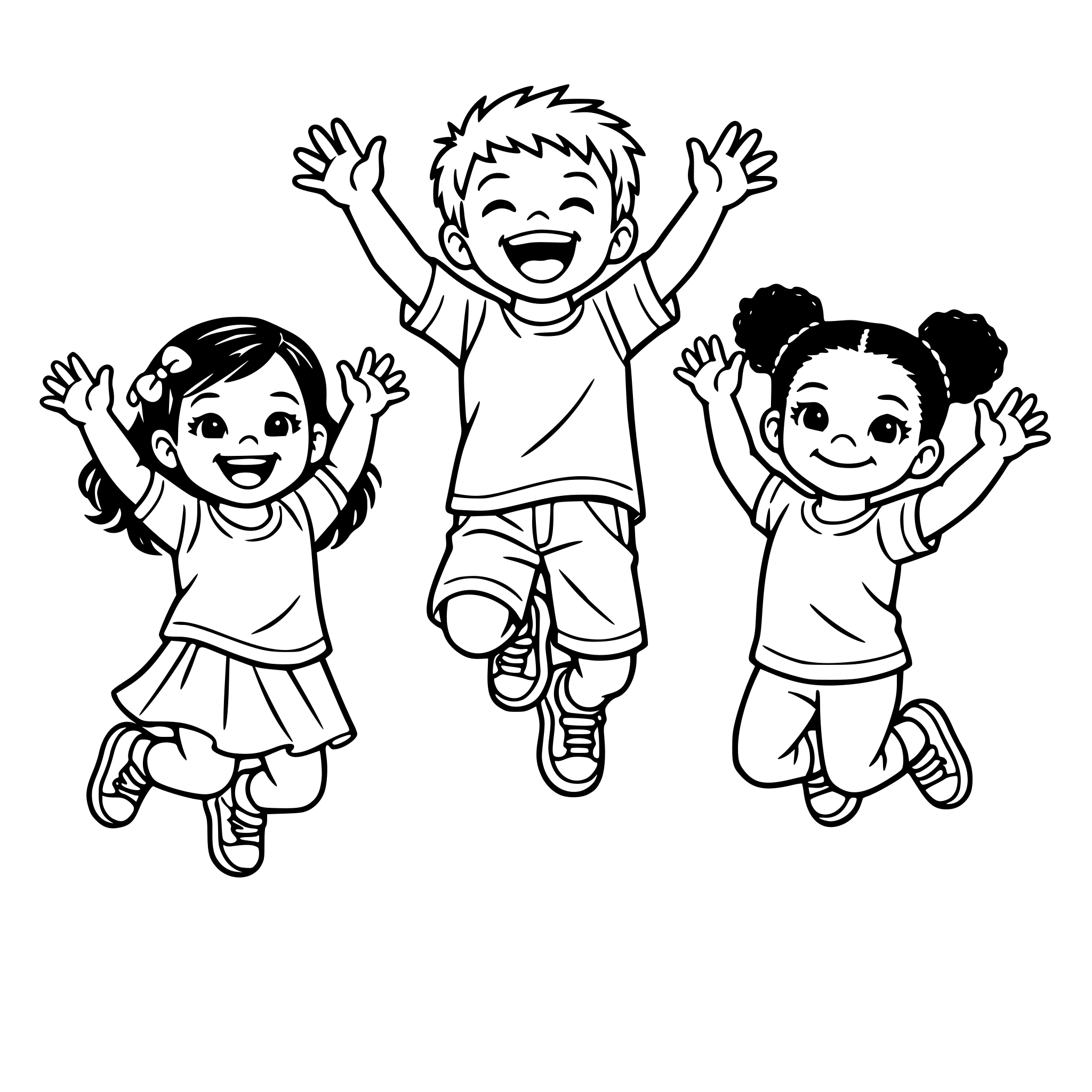 Three different realistic modern children jumping up and down. One boy is taller and laughing. One girl is smiling and shorter and hispanic . Another girl is smiling with mouth closed and african american. White background, isolated.