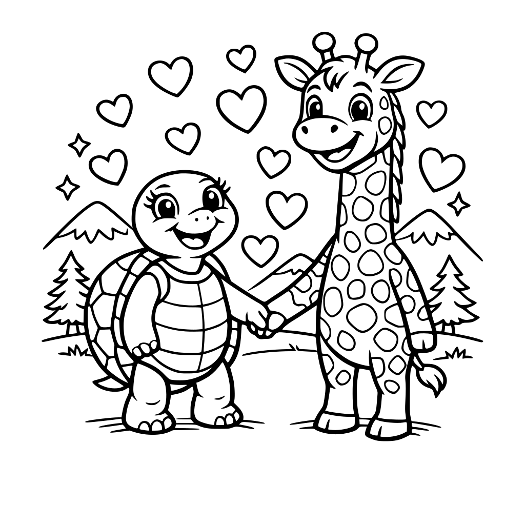 Una tortuga hembra sonriendo de pie y una jirafa macho sonriendo, tomados de la mano, con muchos corazones en un parque de montaña soleado