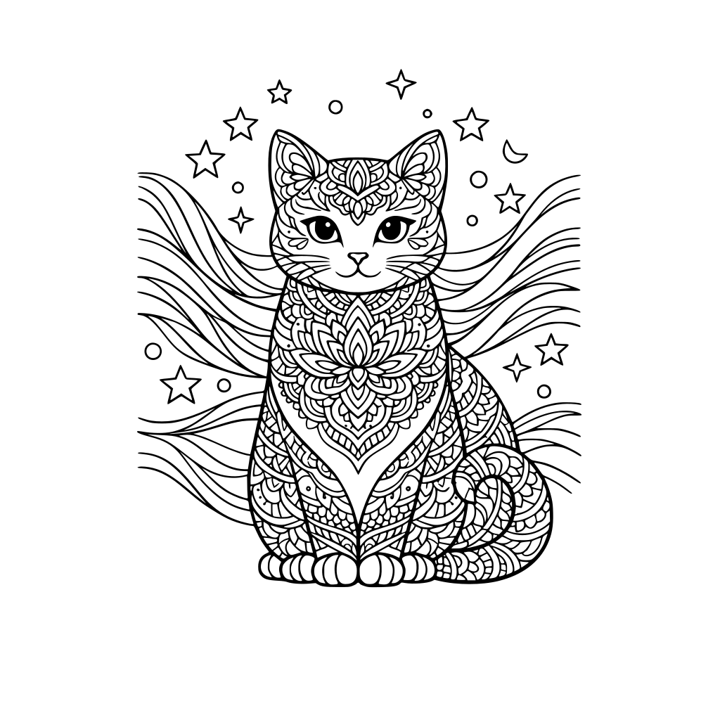 mandala cat, elegant lines and waves