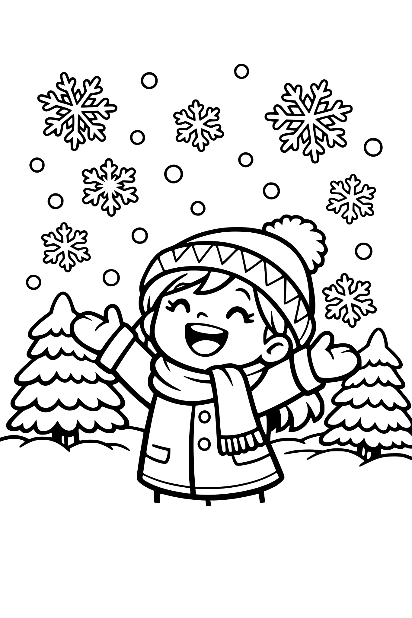 cute kids coloring page, happy girl catching big snowflakes falling from the sky, wearing winter hat and scarf, snowy trees behind her, simple shapes, thick outlines, black and white coloring book illustration