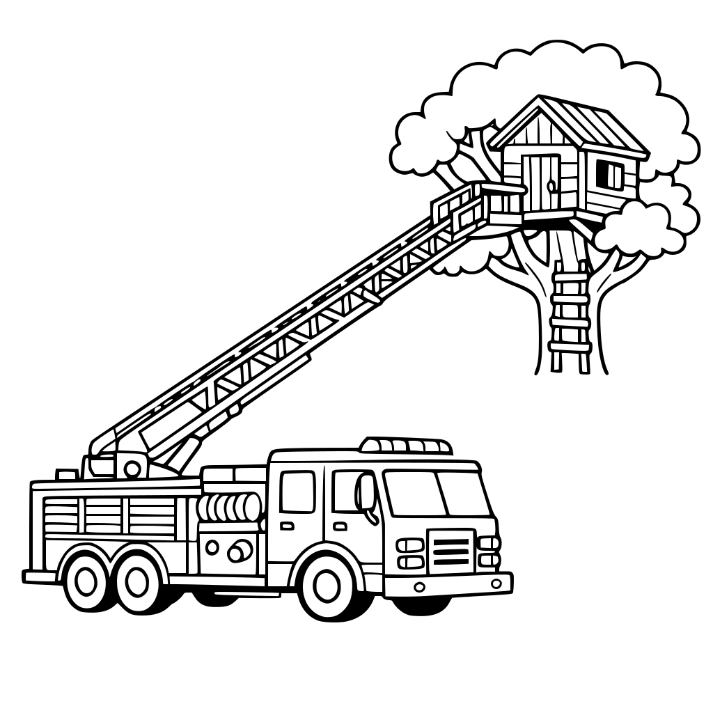 fire truck with a ladder extended toward a tiny treehouse.