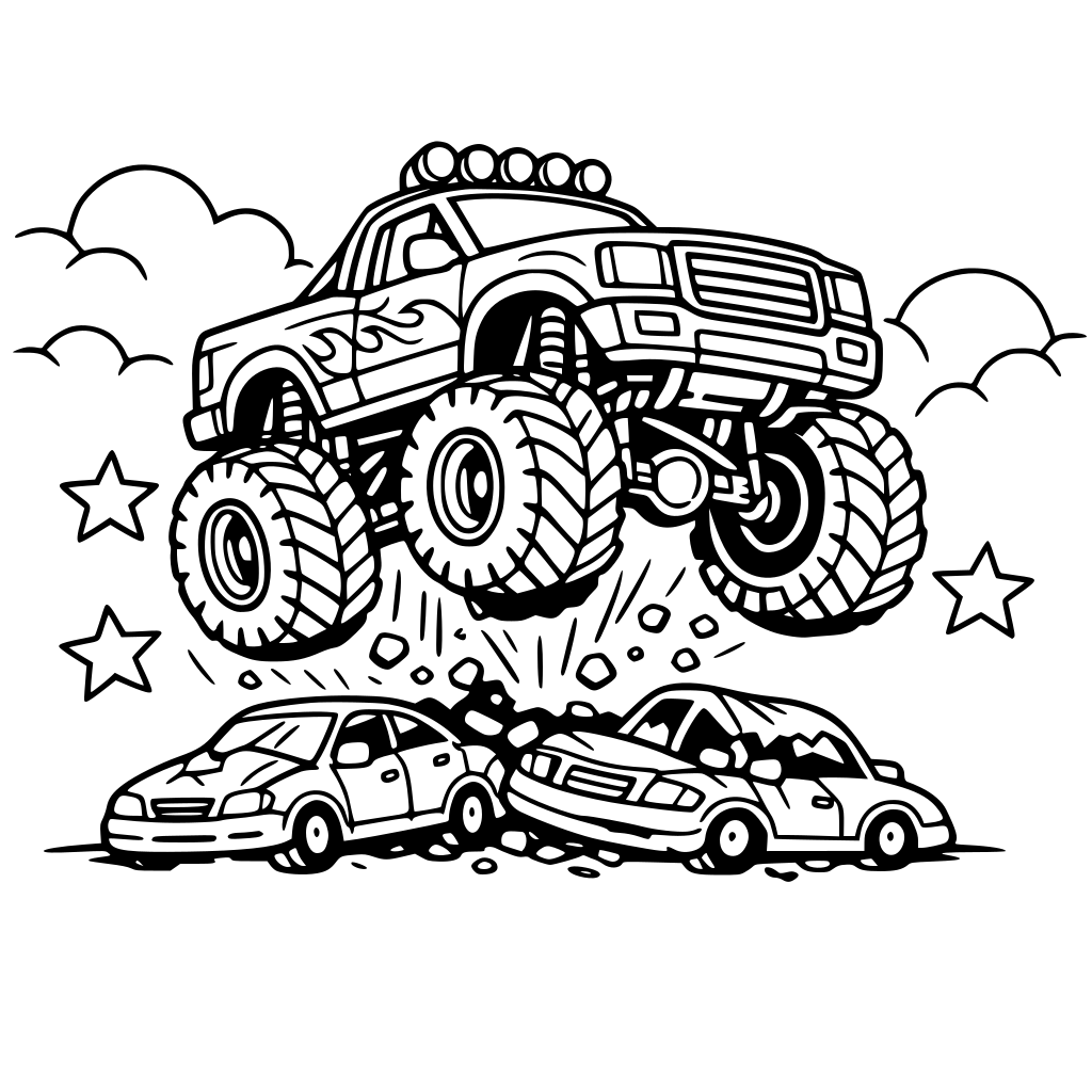 monster truck jumping over small cars with puffy clouds in the background.