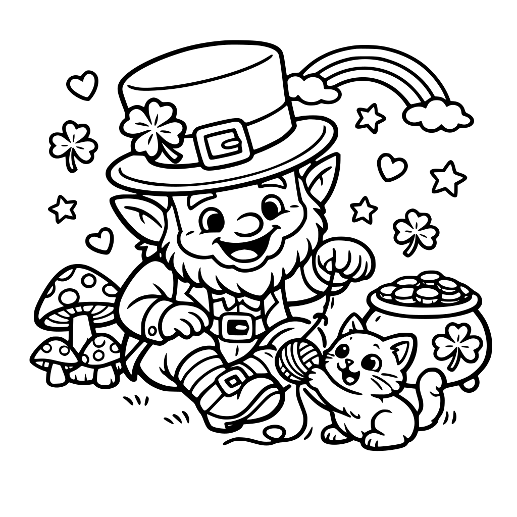 Square coloring book page that is black and white with a cute friendly leprechaun. He is playing with a kitten. Fill the whole page with great detail. Simple art bold and easy cartoon style.