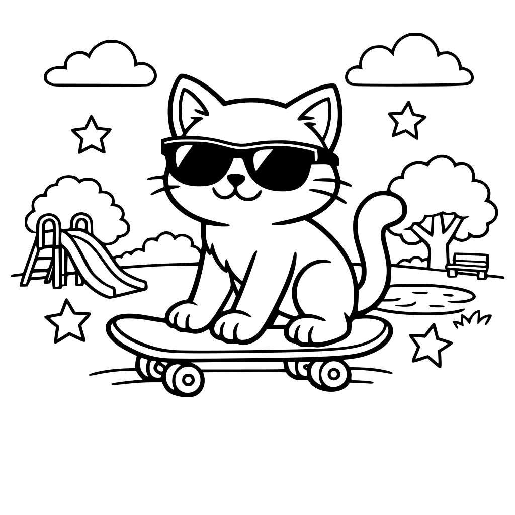 Un gato en una patineta con lentes de sol negros y un fondo de un parque