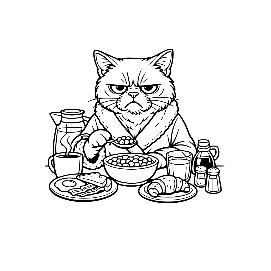 A grumpy cat eating breakfast with a robe on.