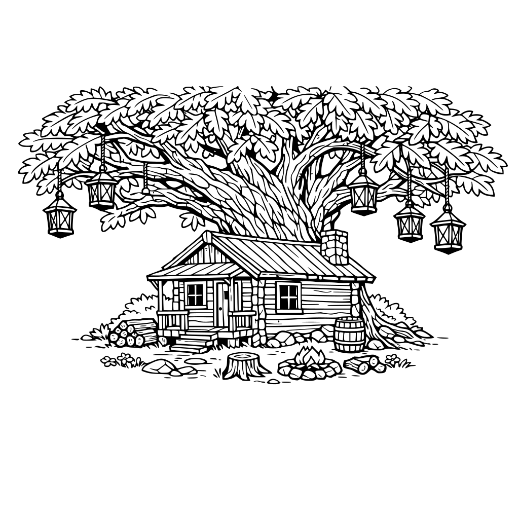 A tiny wooden cabin nestled under a giant oak tree, lanterns hanging from branches, clean line art no shading, shadows, grayscale, photo, textures ,Pure black and white line art, no gray tones.