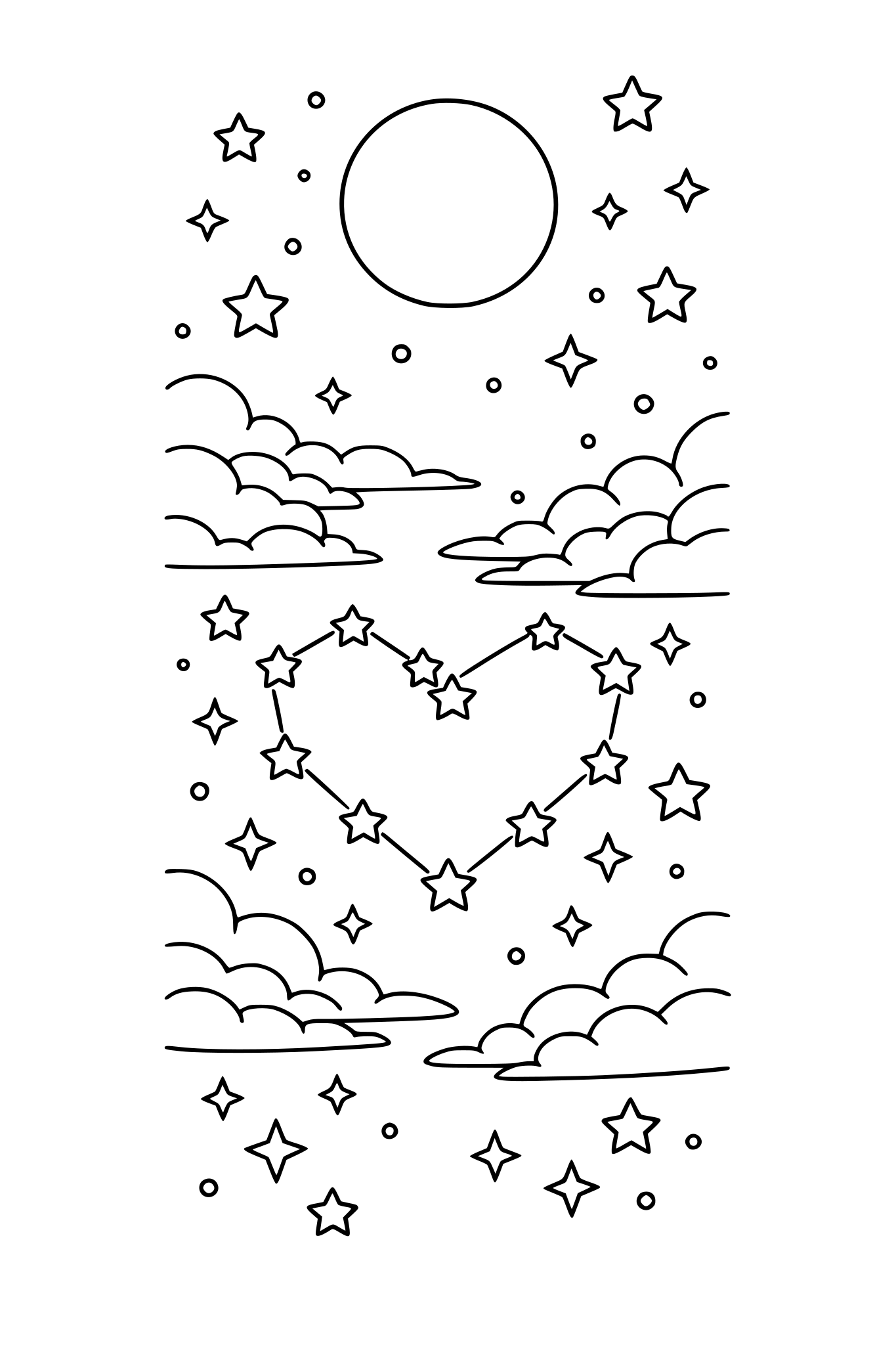 Minimalist vertical bookmark illustration of a dreamy night sky filled with stars, constellations forming a heart, glowing moon, gentle clouds, aesthetic fan energy, black and white line art, coloring page style, clean outlines, vertical bookmark layout