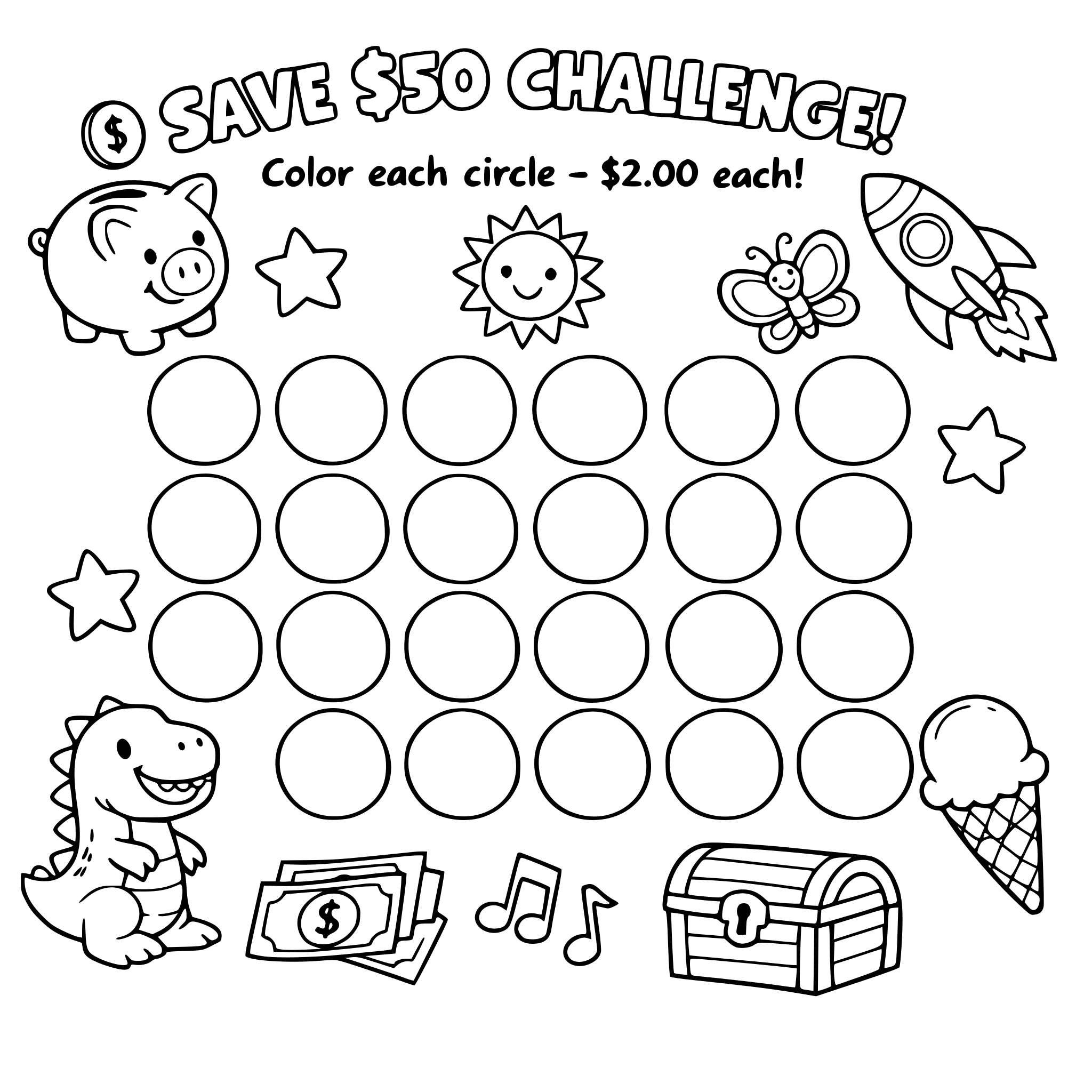 Create a savings challenge for kids to save 50.00 . Coloring circles 2.00 each totaling 50.00. Add kid friendly images to the page.
