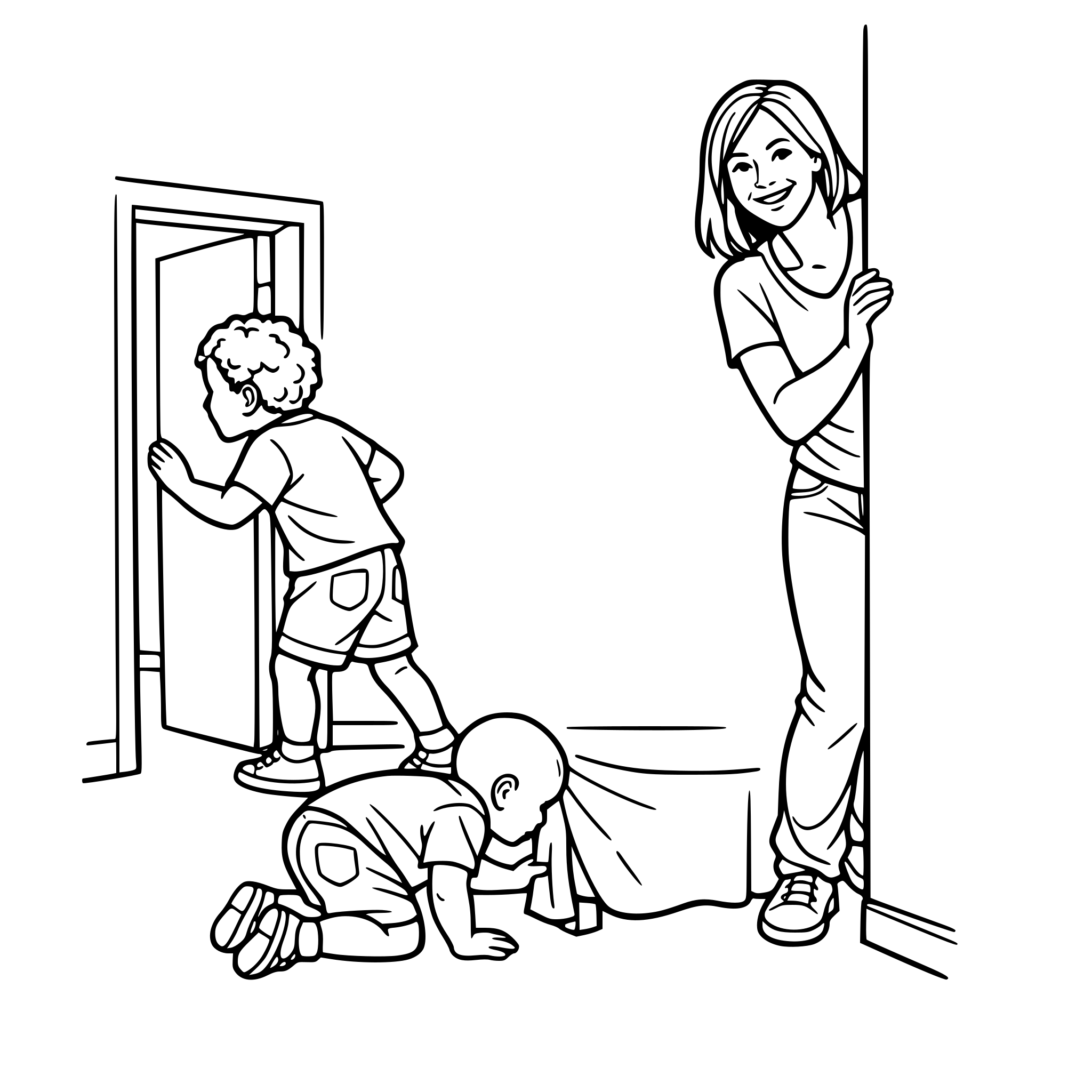Create an image of a real woman dressed casually, playing hide and seek looking around a wall while two young boys, one with curly hair and one with little hair, trying to look around the house and by the rooms for the mom. White background, isolated.