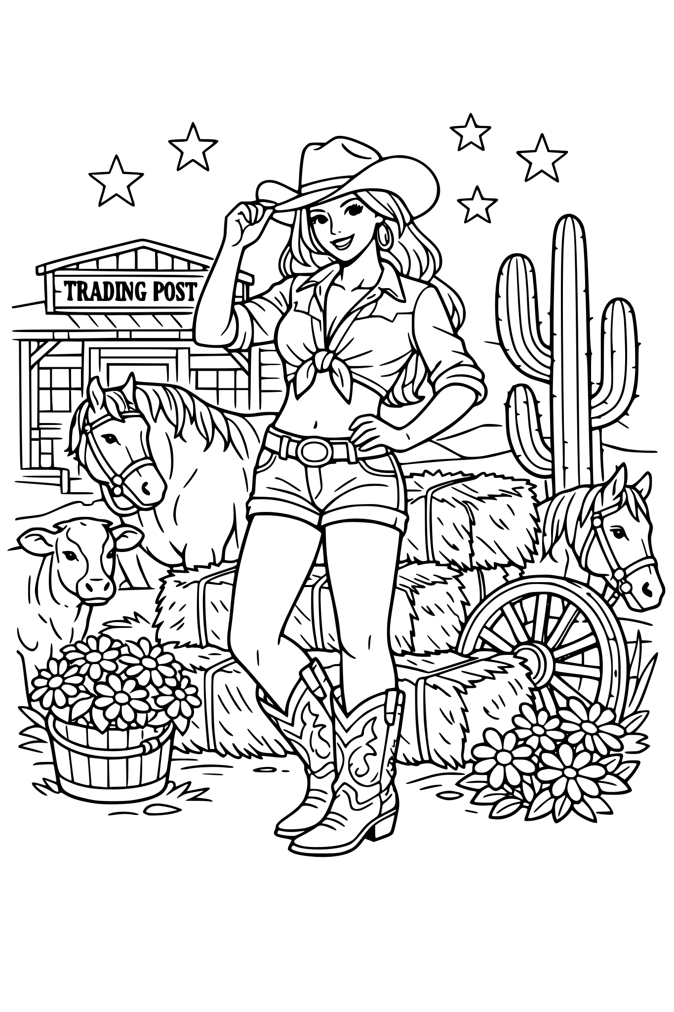 Cowgirl Thang with cowboy boots, trading post, cacti, hay, cows, horses, flowers and coutry life