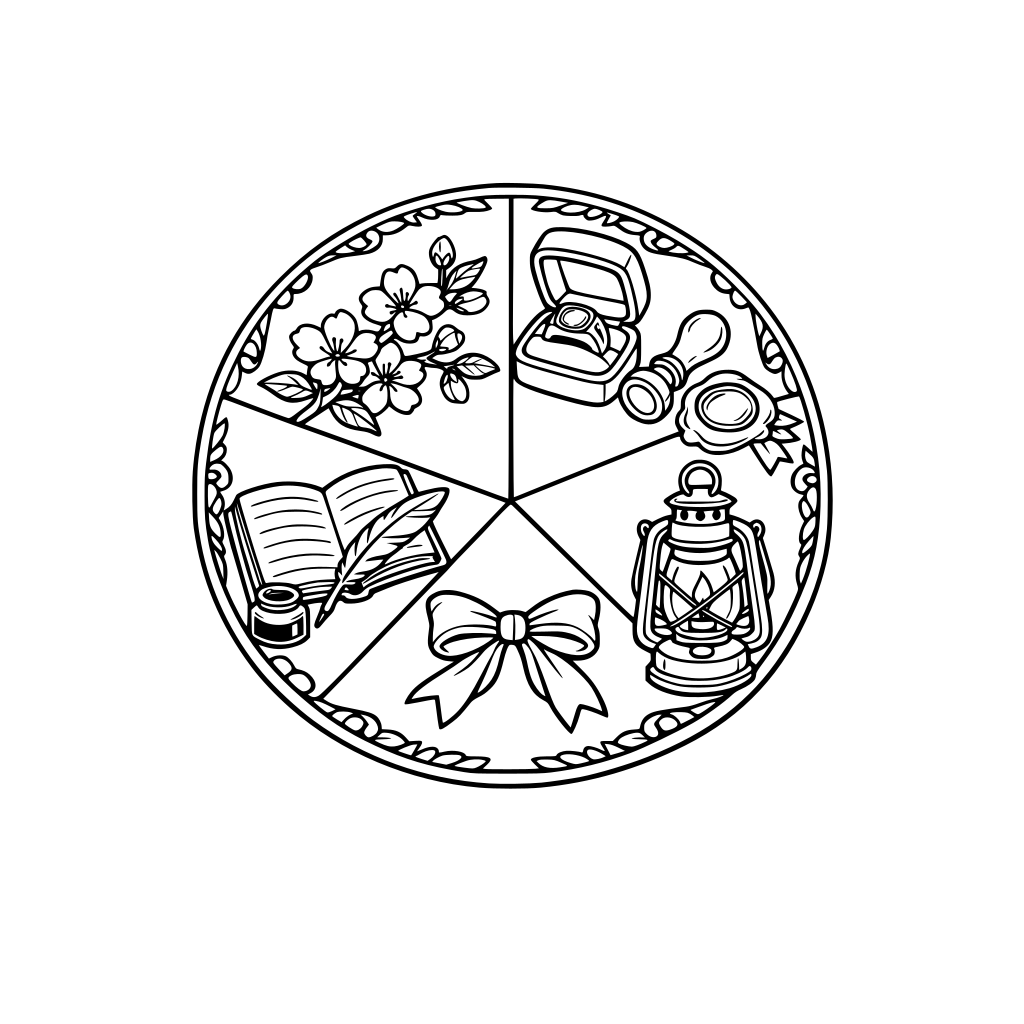 Printable black-and-white coloring page: ornate medallion divided into 6 thick easy segments. Theme “Oaths & Orchard Light.” Icons: blossom branch, signet ring box, wax seal, quill+ledger, lantern, vow ribbon. Thick outlines. No shading. No text.