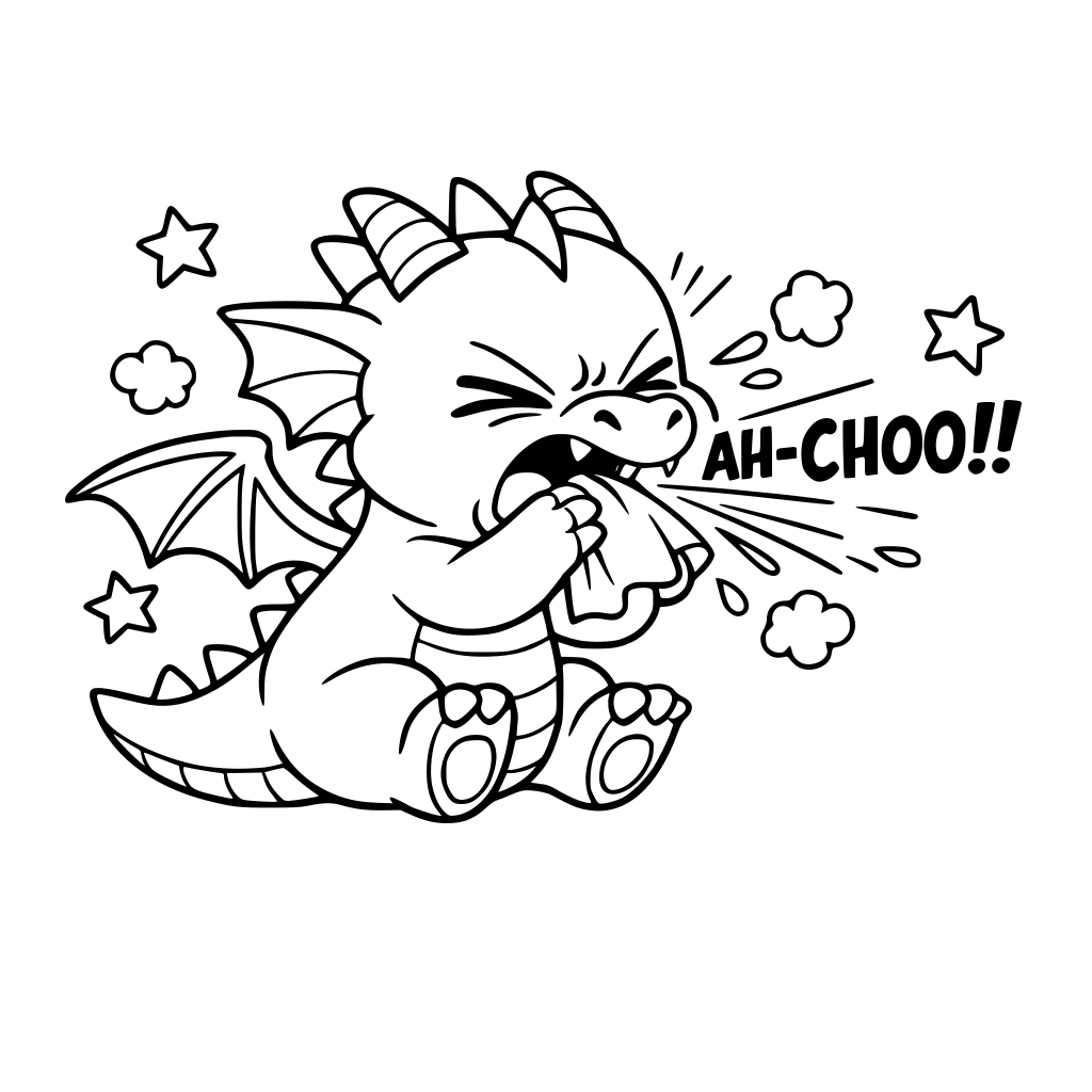 Design a cartoon dragon sneezing, outlined