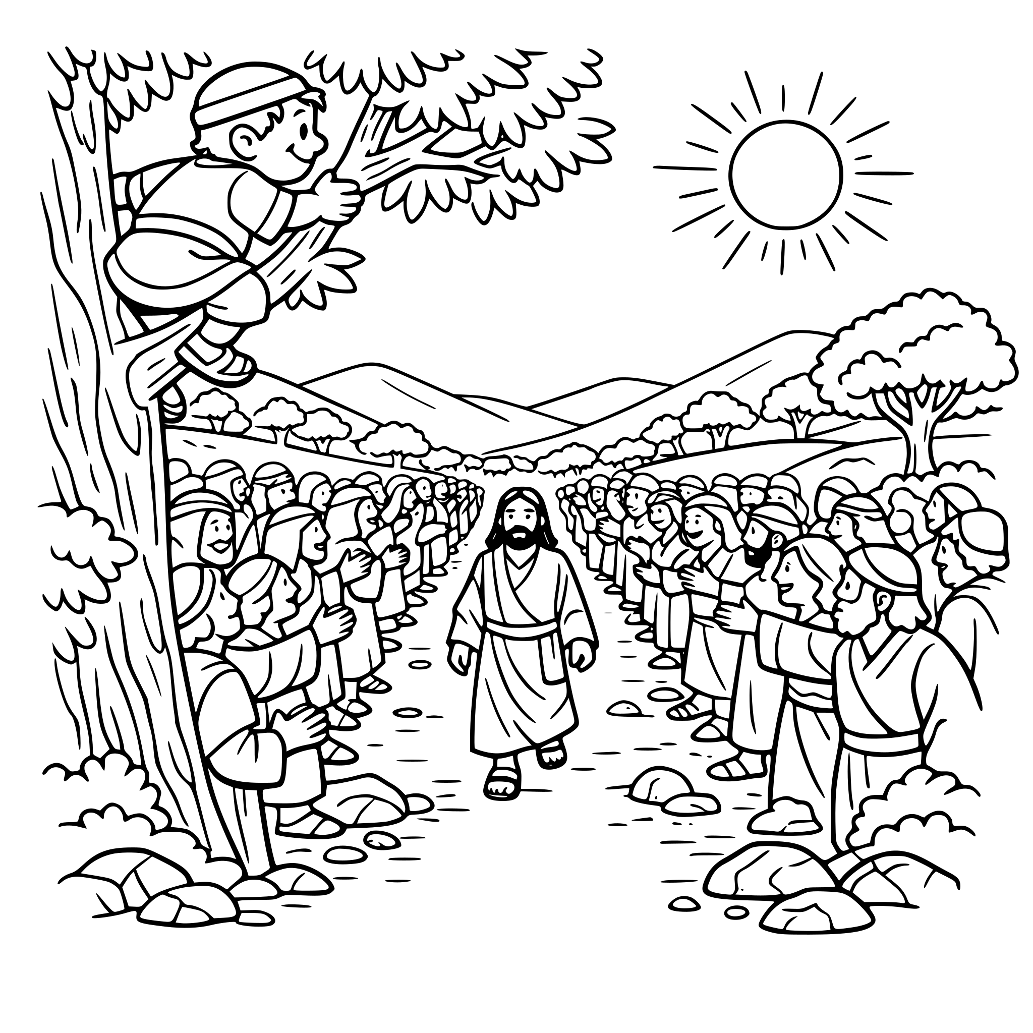 A short little man up high in a tree, peering out onto the road to see Jesus walking through the crowd. Make the crowd big along both sides of the road. Include landscape elements like trees, the sun, rocks and dirt.